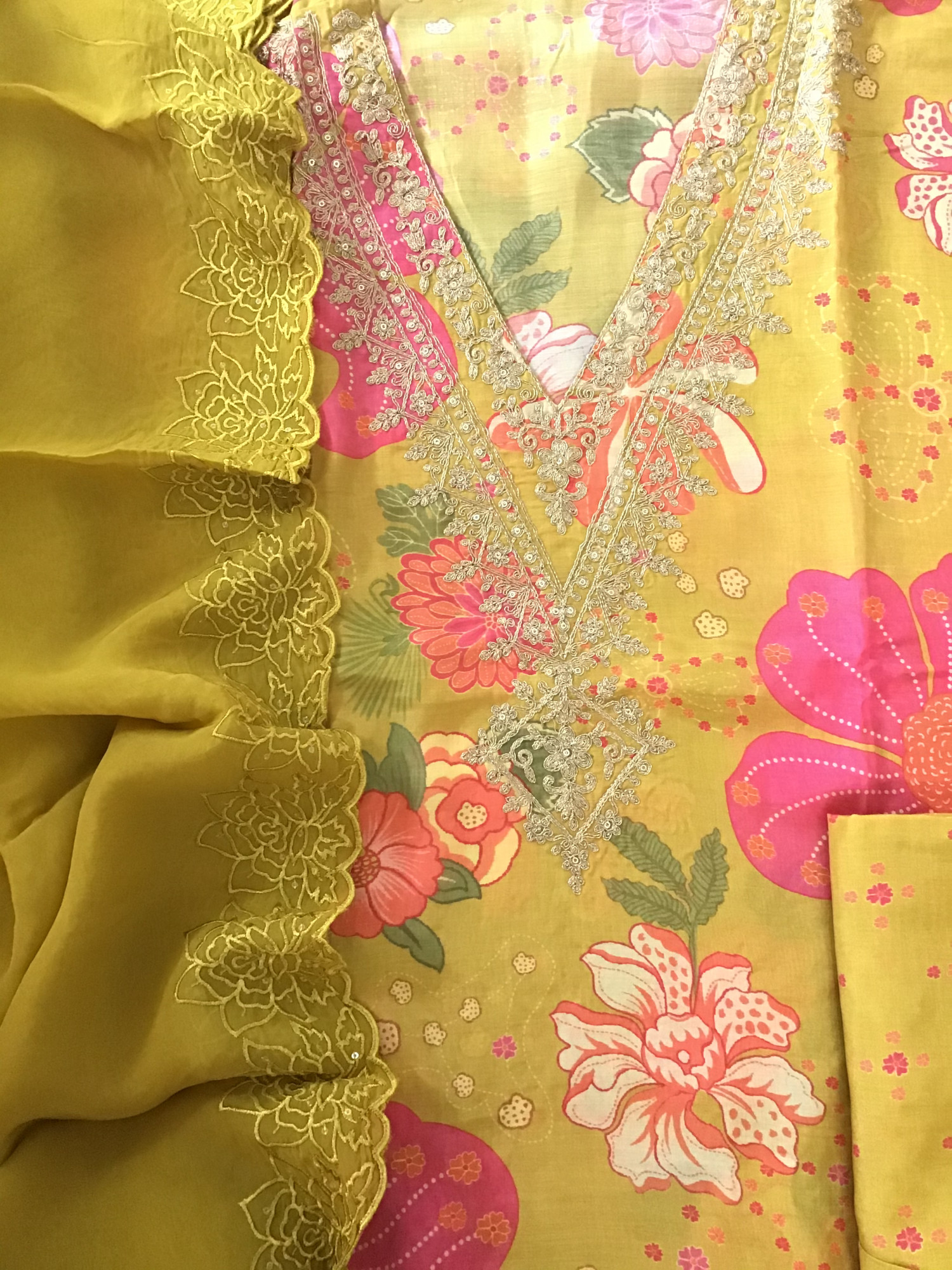 Pure Muslin Silk Printed Embroidered Suit - Yellow