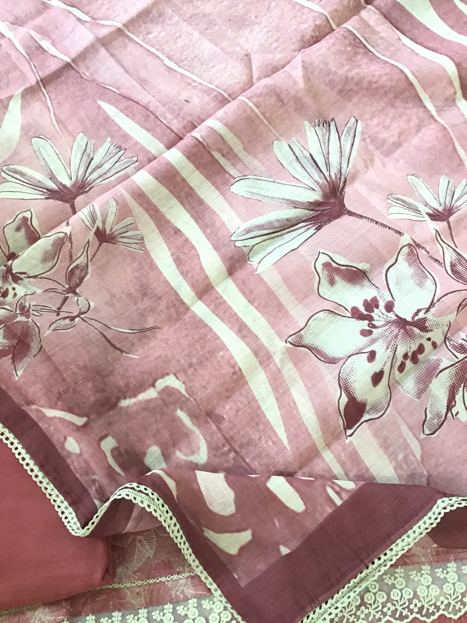 Soft Semi Linen Jute Cotton Printed Embroidered Suit - Pink