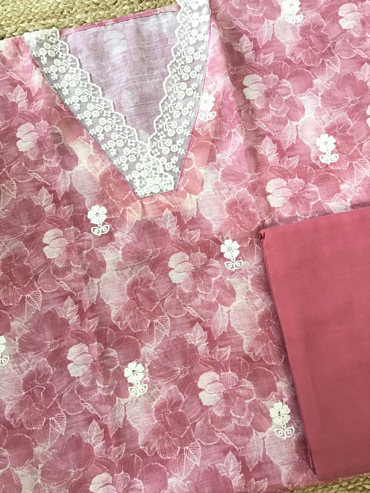 Soft Semi Linen Jute Cotton Printed Embroidered Suit - Pink
