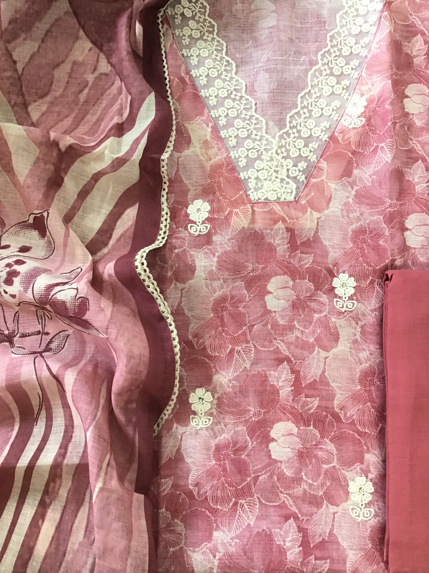 Soft Semi Linen Jute Cotton Printed Embroidered Suit - Pink