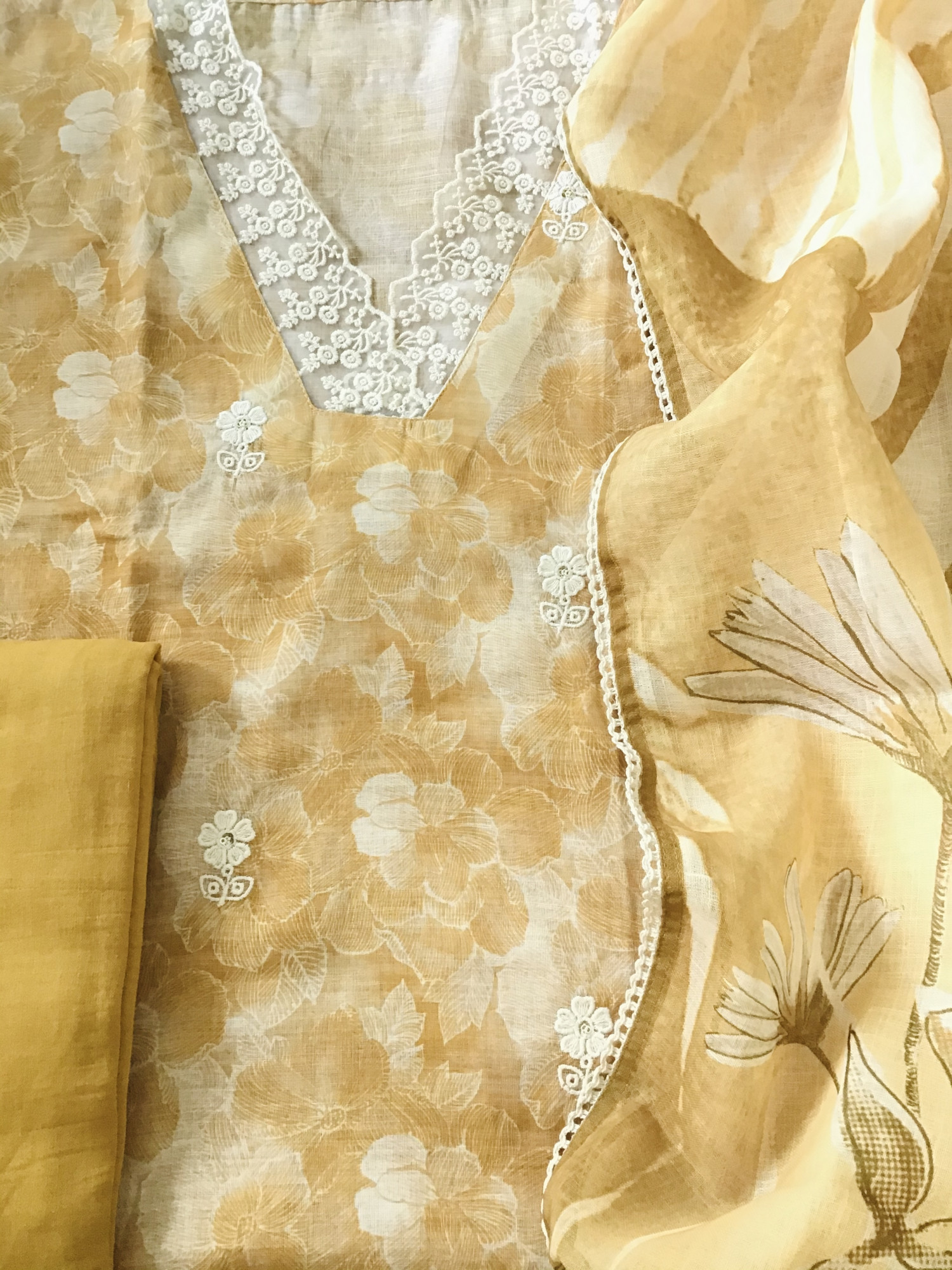 Soft Semi Linen Jute Cotton Printed Embroidered Suit - Yellow