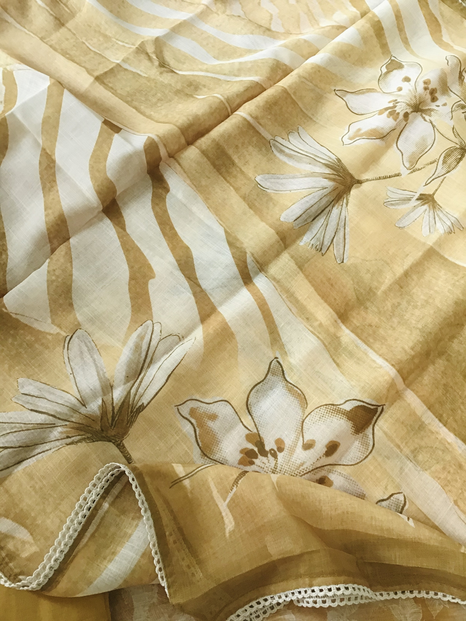 Soft Semi Linen Jute Cotton Printed Embroidered Suit - Yellow