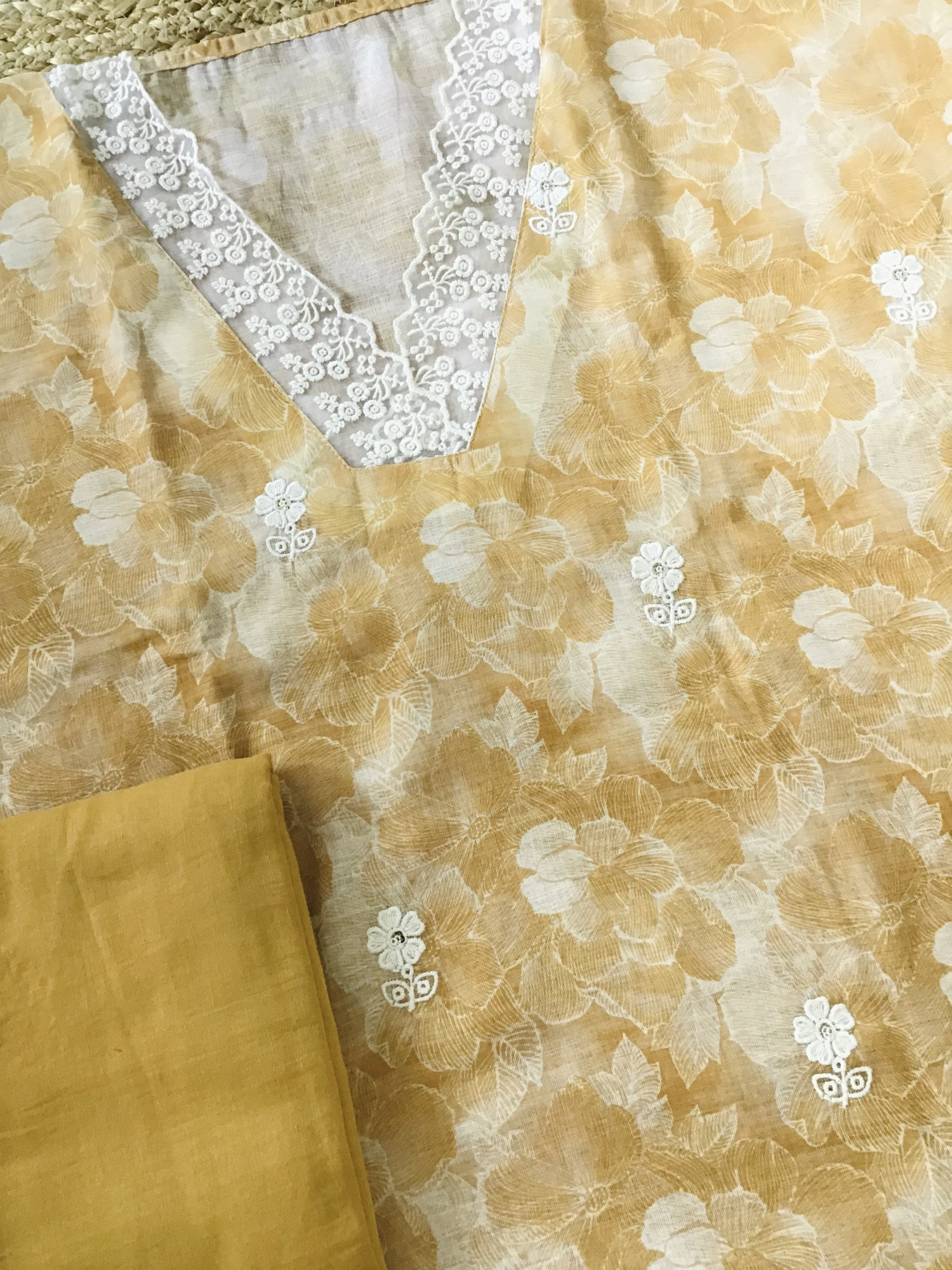 Soft Semi Linen Jute Cotton Printed Embroidered Suit - Yellow