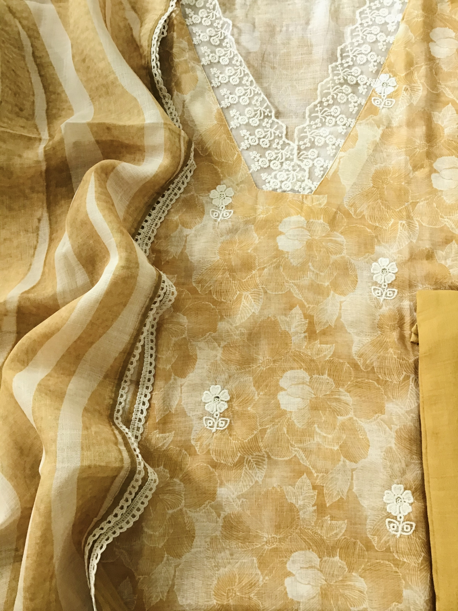 Soft Semi Linen Jute Cotton Printed Embroidered Suit - Yellow