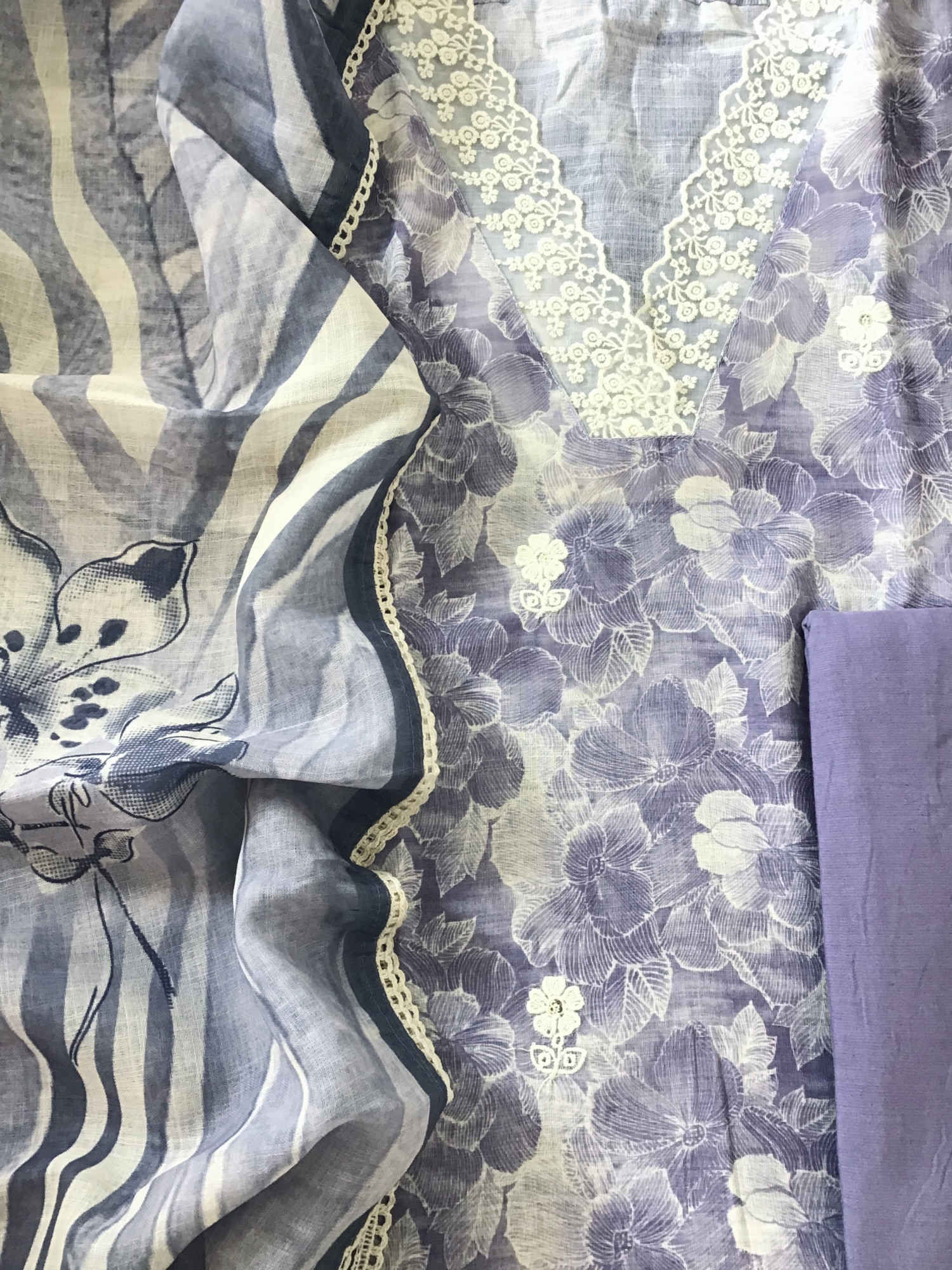 Soft Semi Linen Jute Cotton Printed Embroidered Suit - Purple