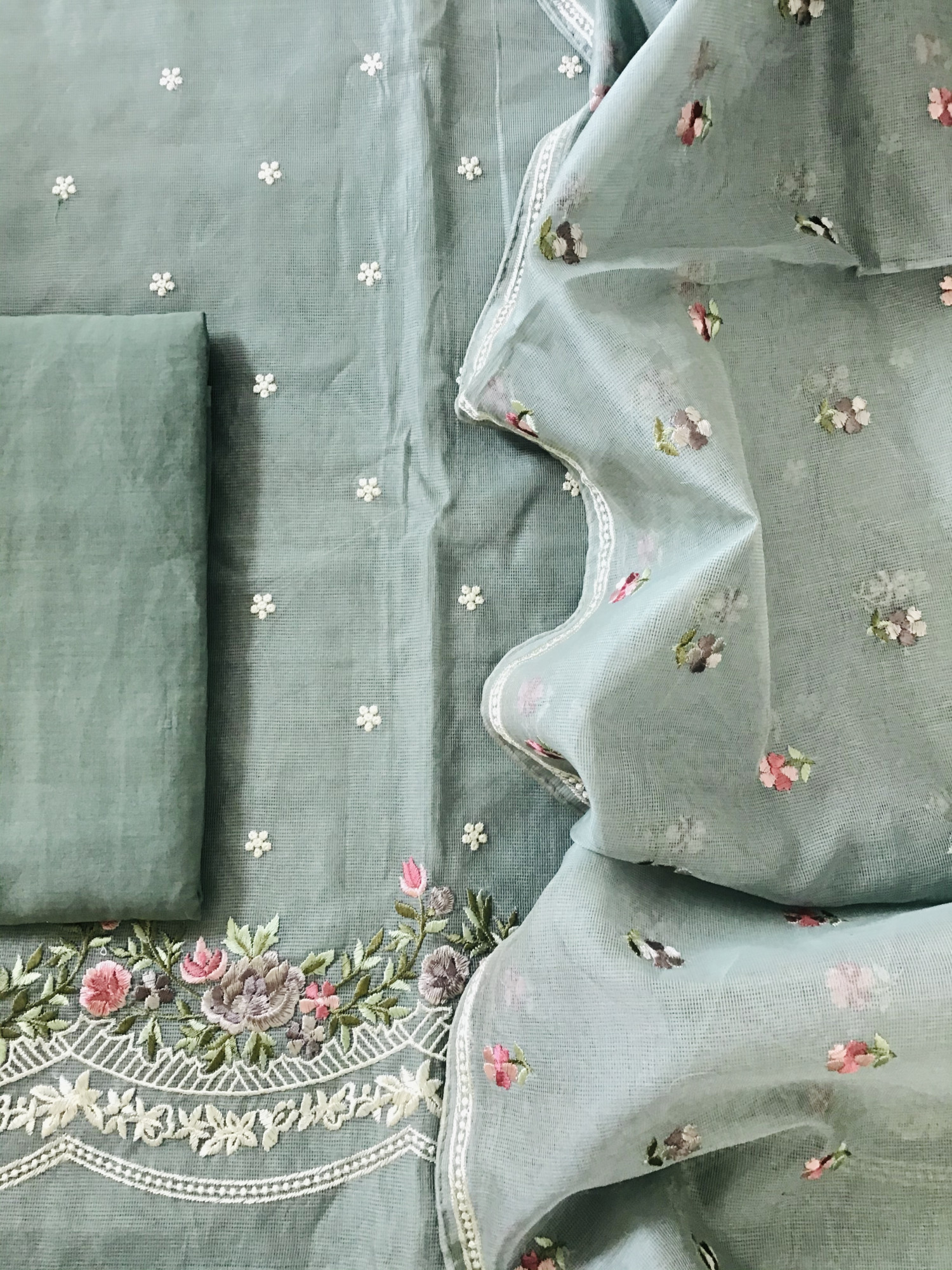 Soft Supernet Embroidered Suit - Greenish Blue