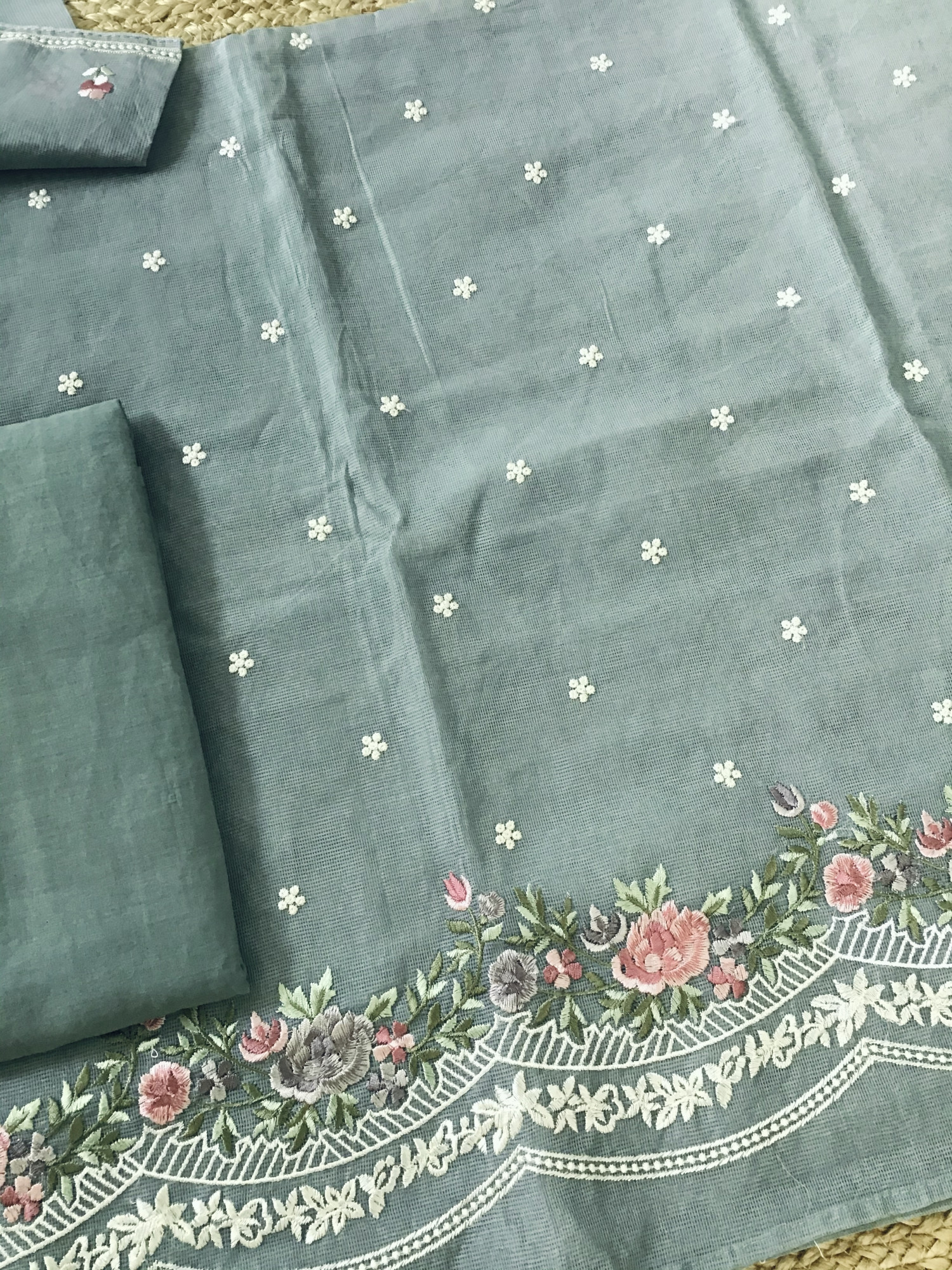 Soft Supernet Embroidered Suit - Greenish Blue