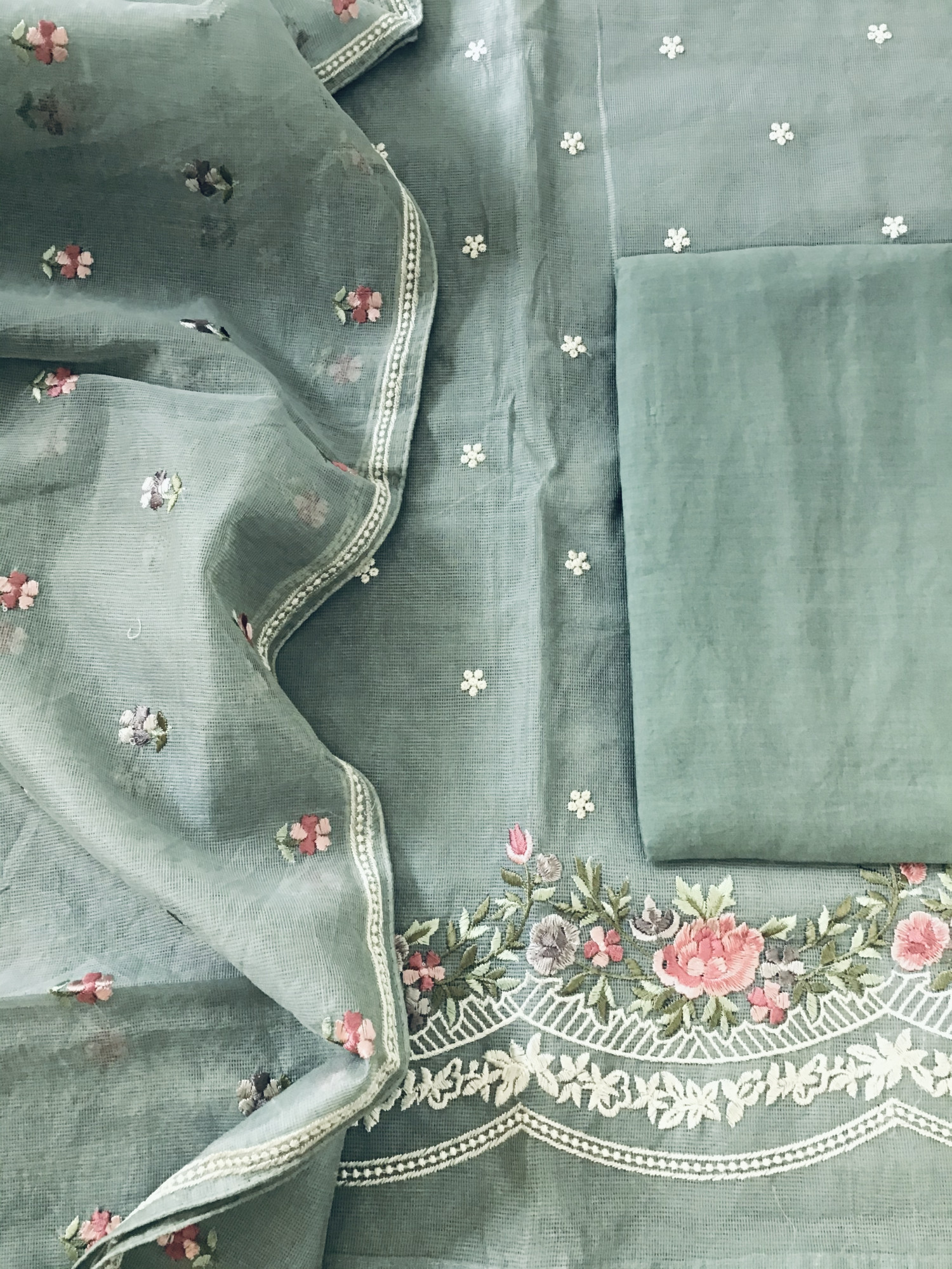 Soft Supernet Embroidered Suit - Greenish Blue