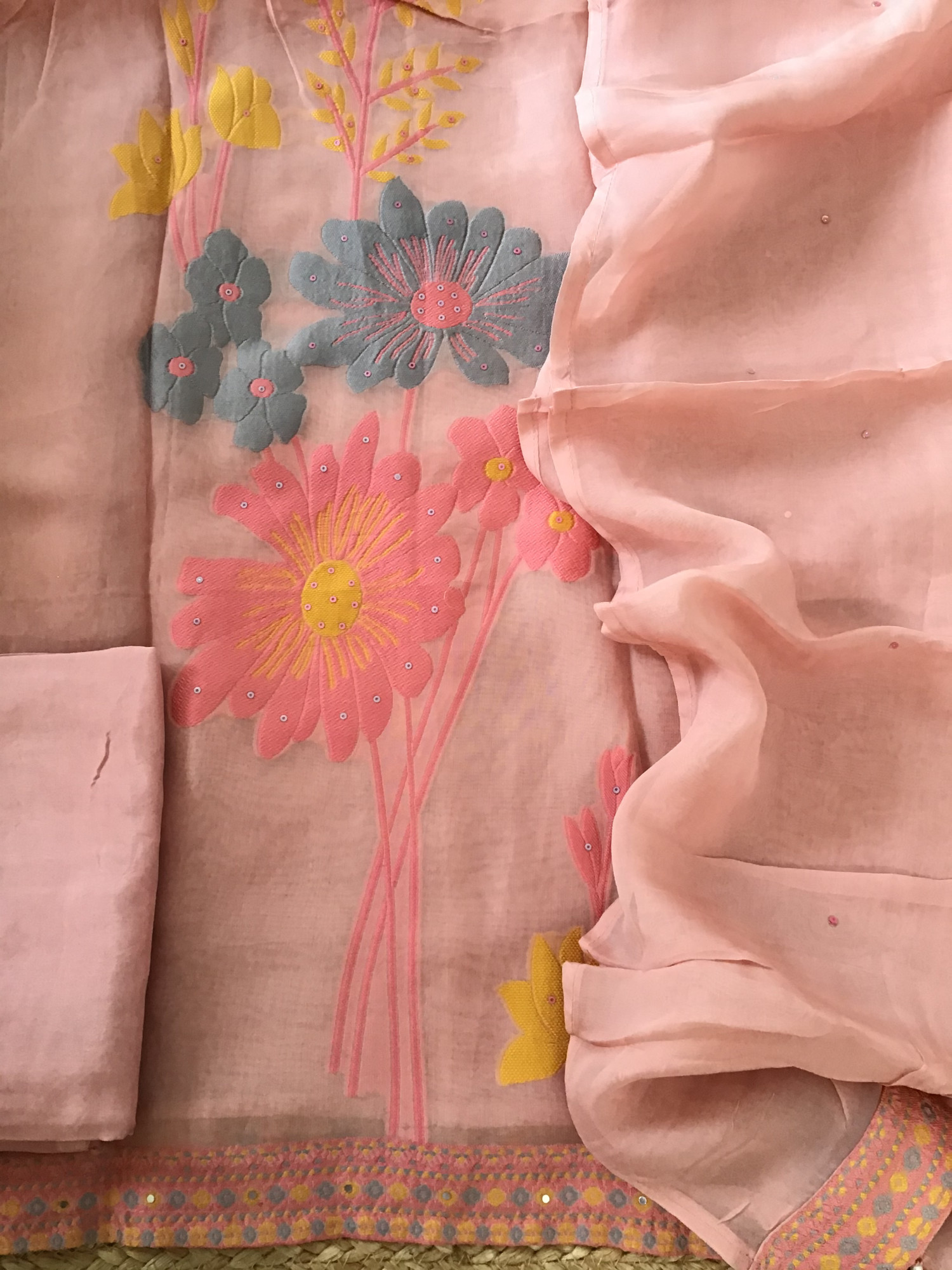 Soft Organza Jamdani Weaved Embroidered Suit - Peach