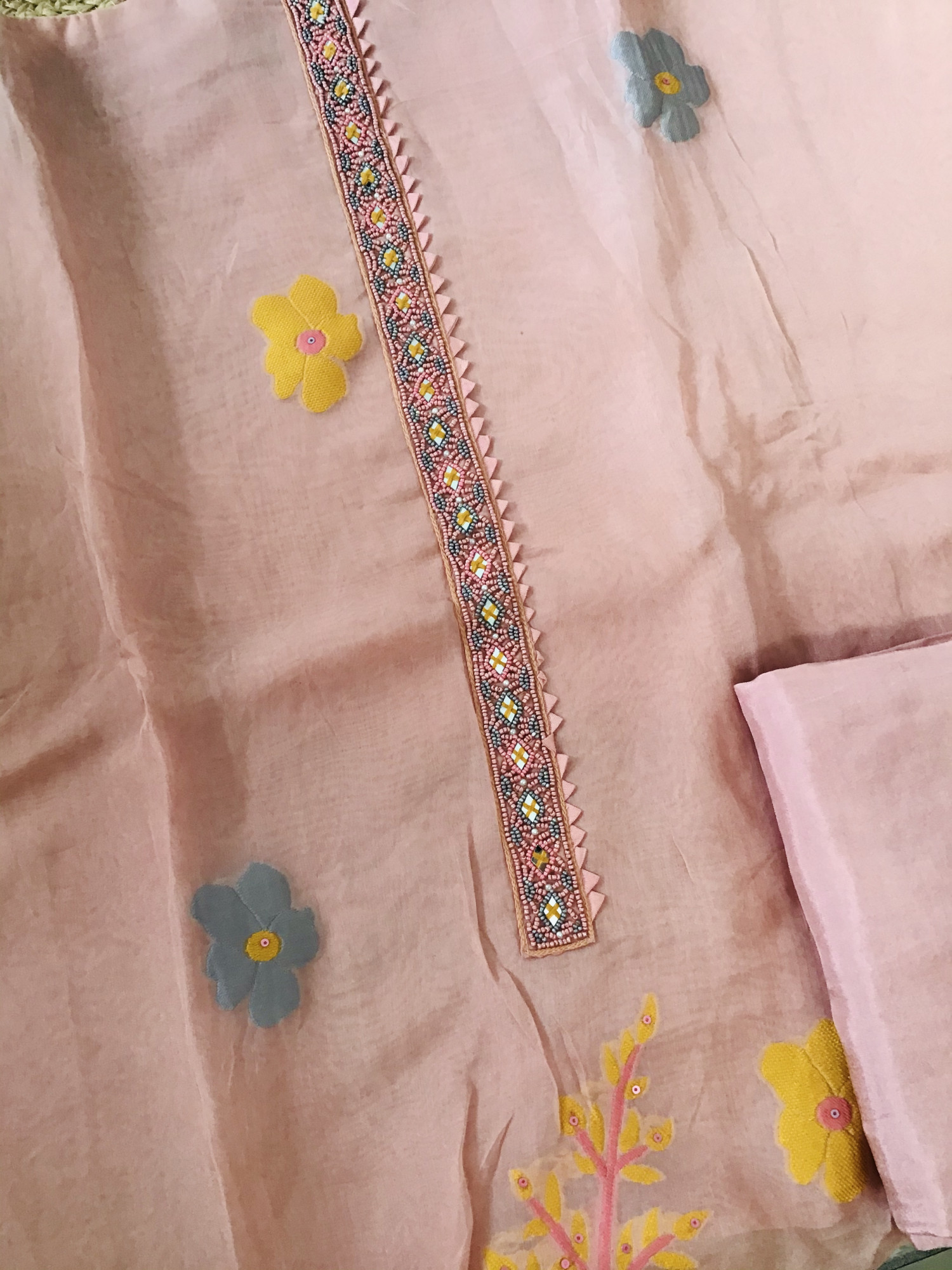 Soft Organza Jamdani Weaved Embroidered Suit - Peach