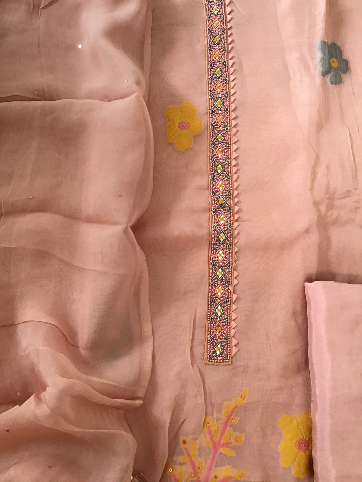 Soft Organza Jamdani Weaved Embroidered Suit - Peach
