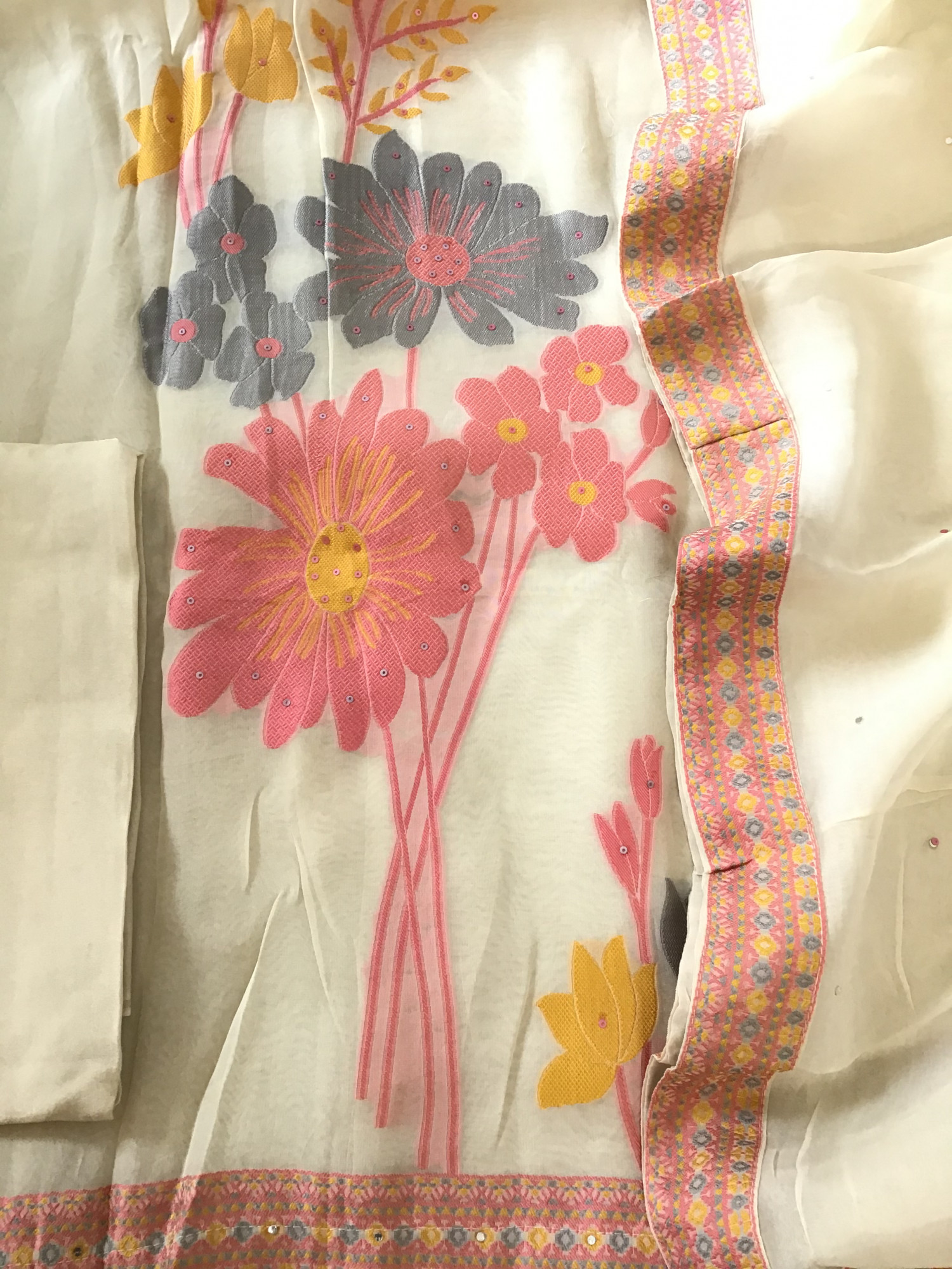 Soft Organza Jamdani Weaved Embroidered Suit - OffWhite