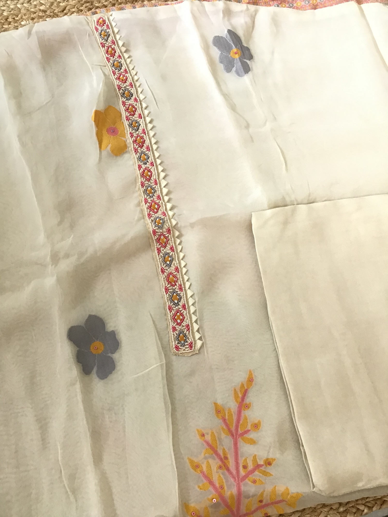 Soft Organza Jamdani Weaved Embroidered Suit - OffWhite