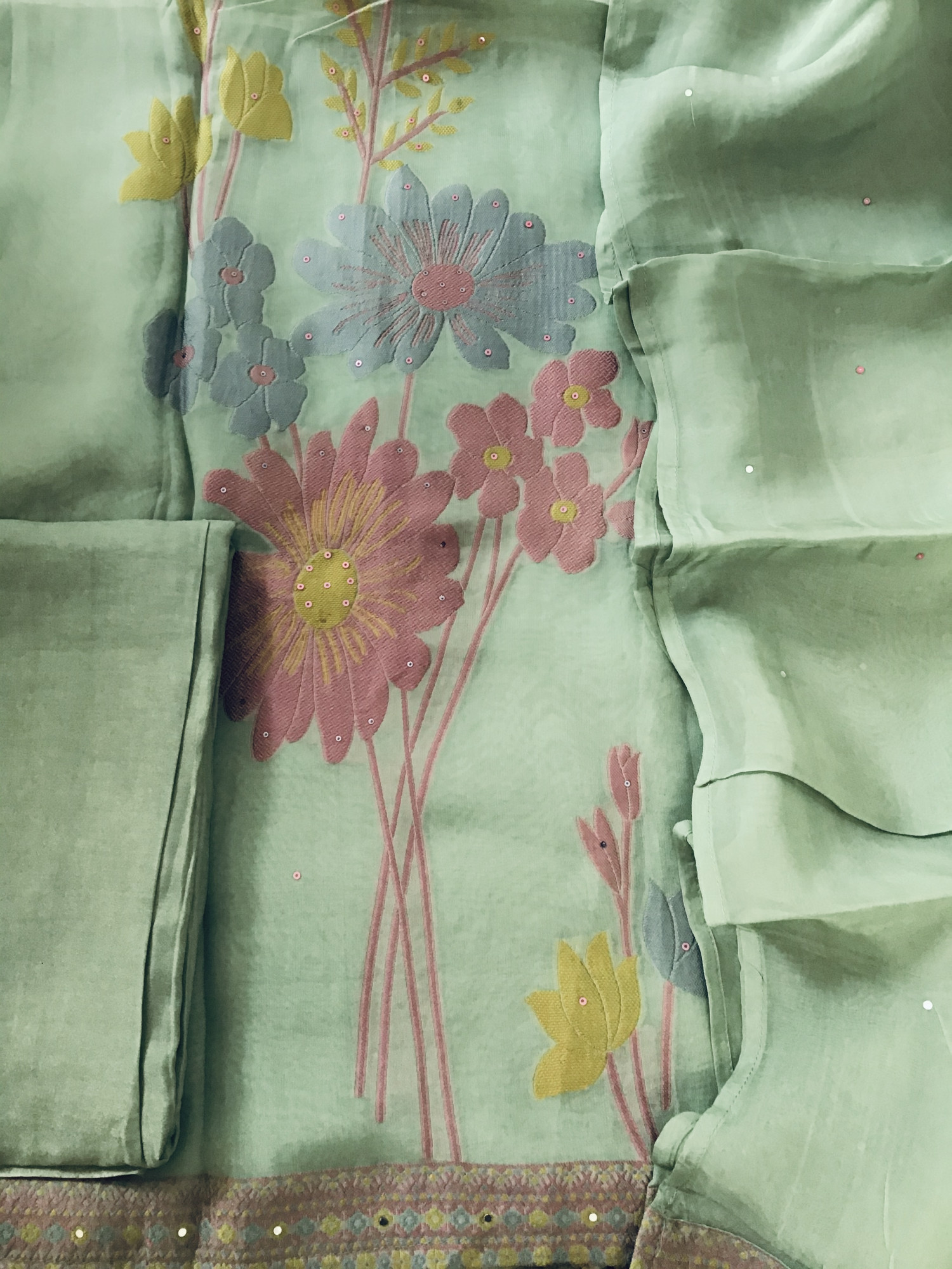 Soft Organza Jamdani Weaved Embroidered Suit - Green