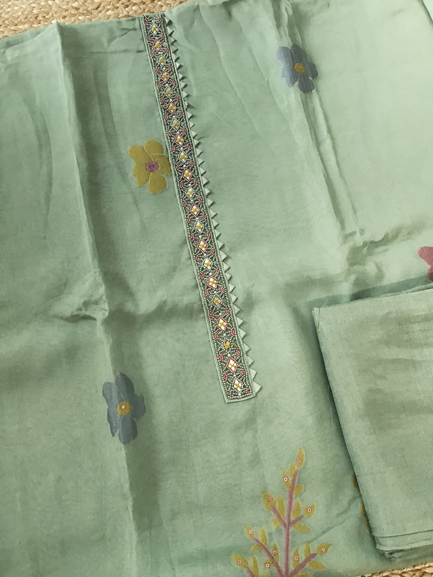 Soft Organza Jamdani Weaved Embroidered Suit - Green