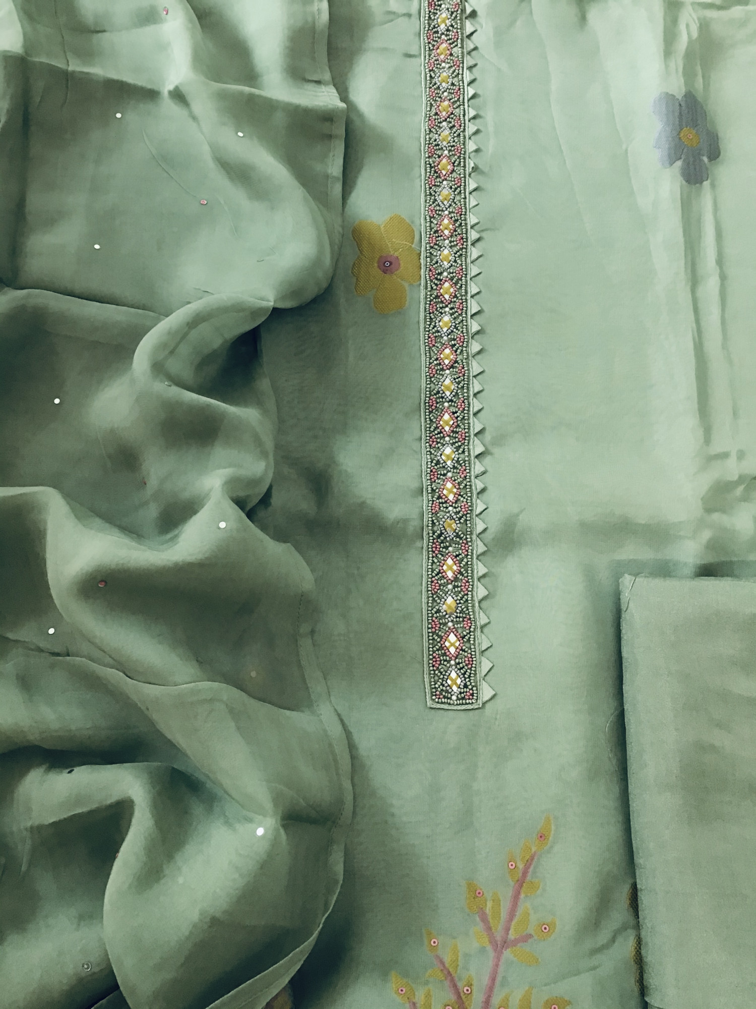 Soft Organza Jamdani Weaved Embroidered Suit - Green