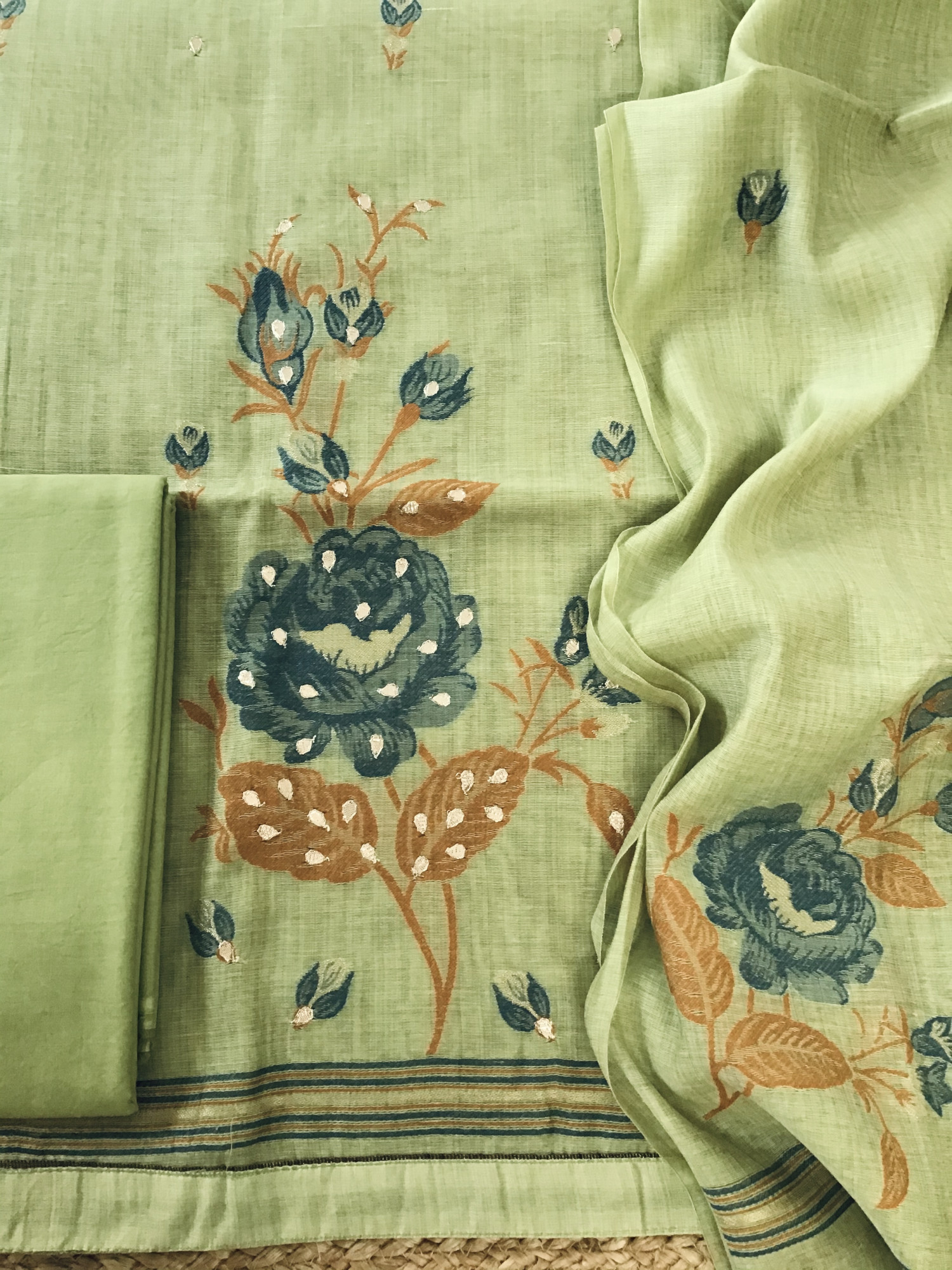 Soft Slub Chanderi Jamdani Weaved Embroidered Suit - Green
