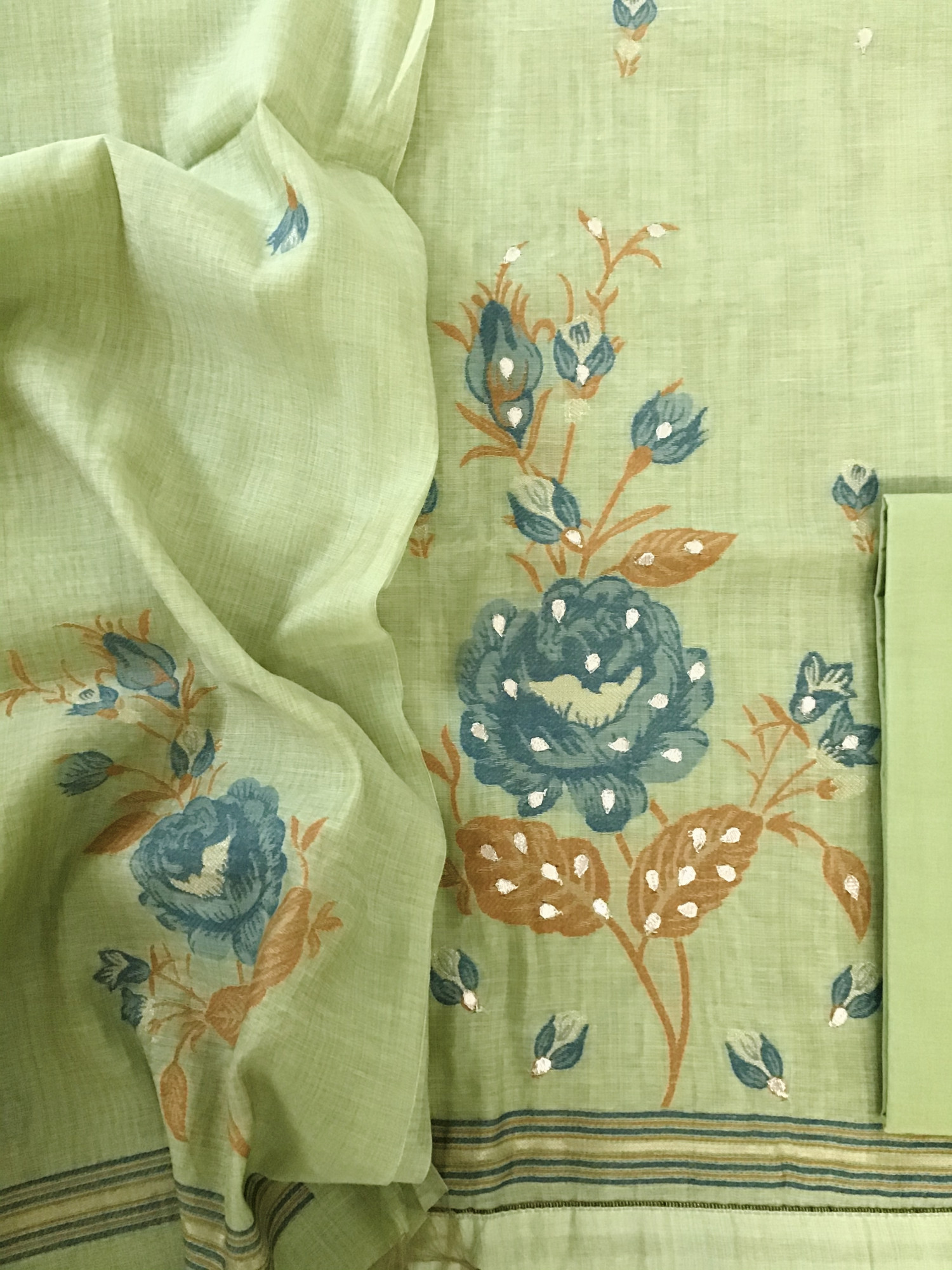 Soft Slub Chanderi Jamdani Weaved Embroidered Suit - Green