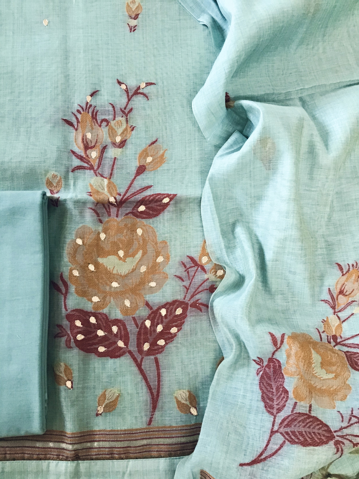 Soft Slub Chanderi Jamdani Weaved Embroidered Suit - Blue