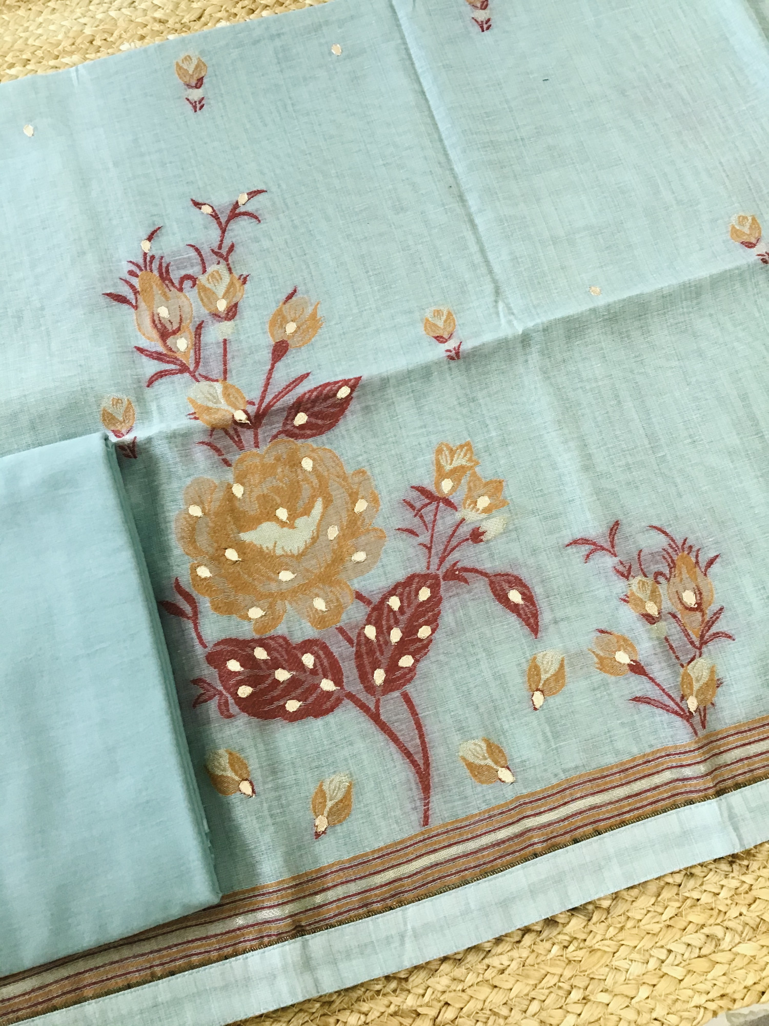 Soft Slub Chanderi Jamdani Weaved Embroidered Suit - Blue