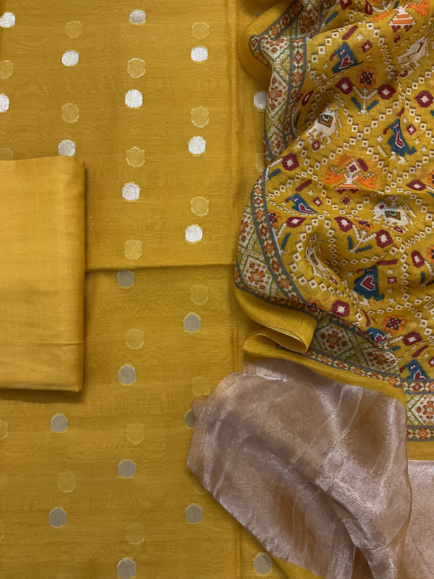 Pure Mul Chanderi Printed Banarasi Weaved Suit - Yellow