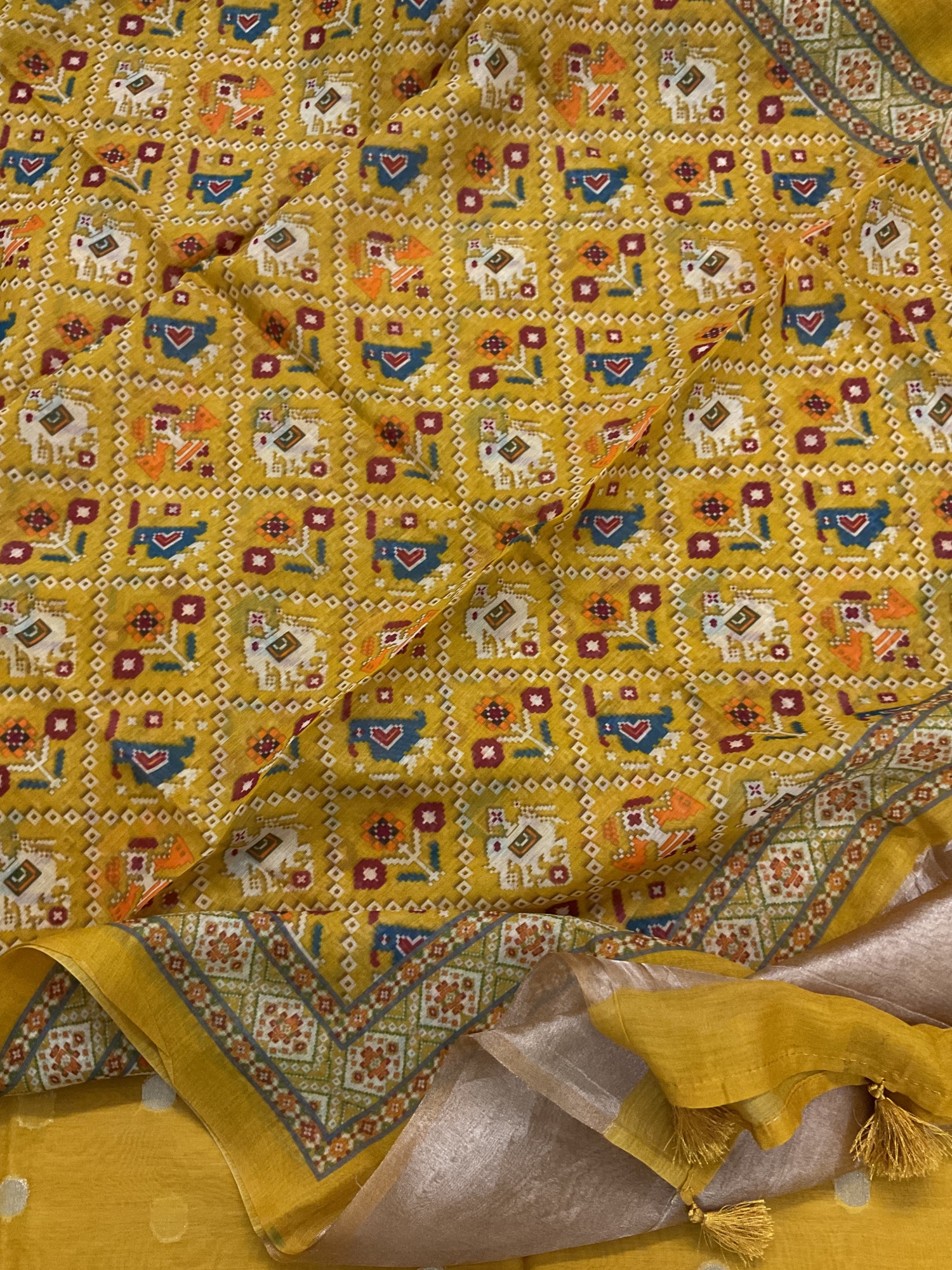 Pure Mul Chanderi Printed Banarasi Weaved Suit - Yellow