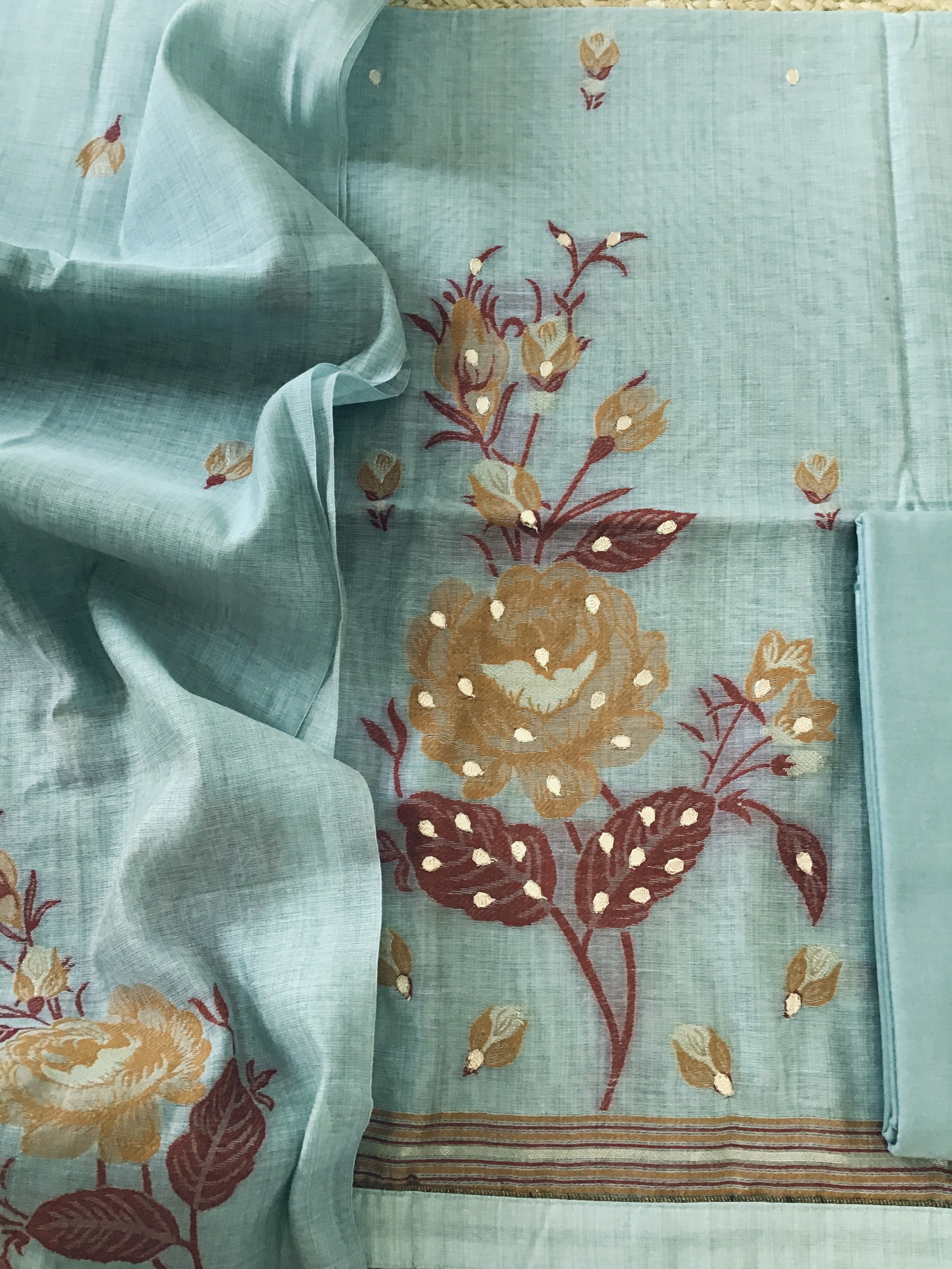 Soft Slub Chanderi Jamdani Weaved Embroidered Suit - Blue