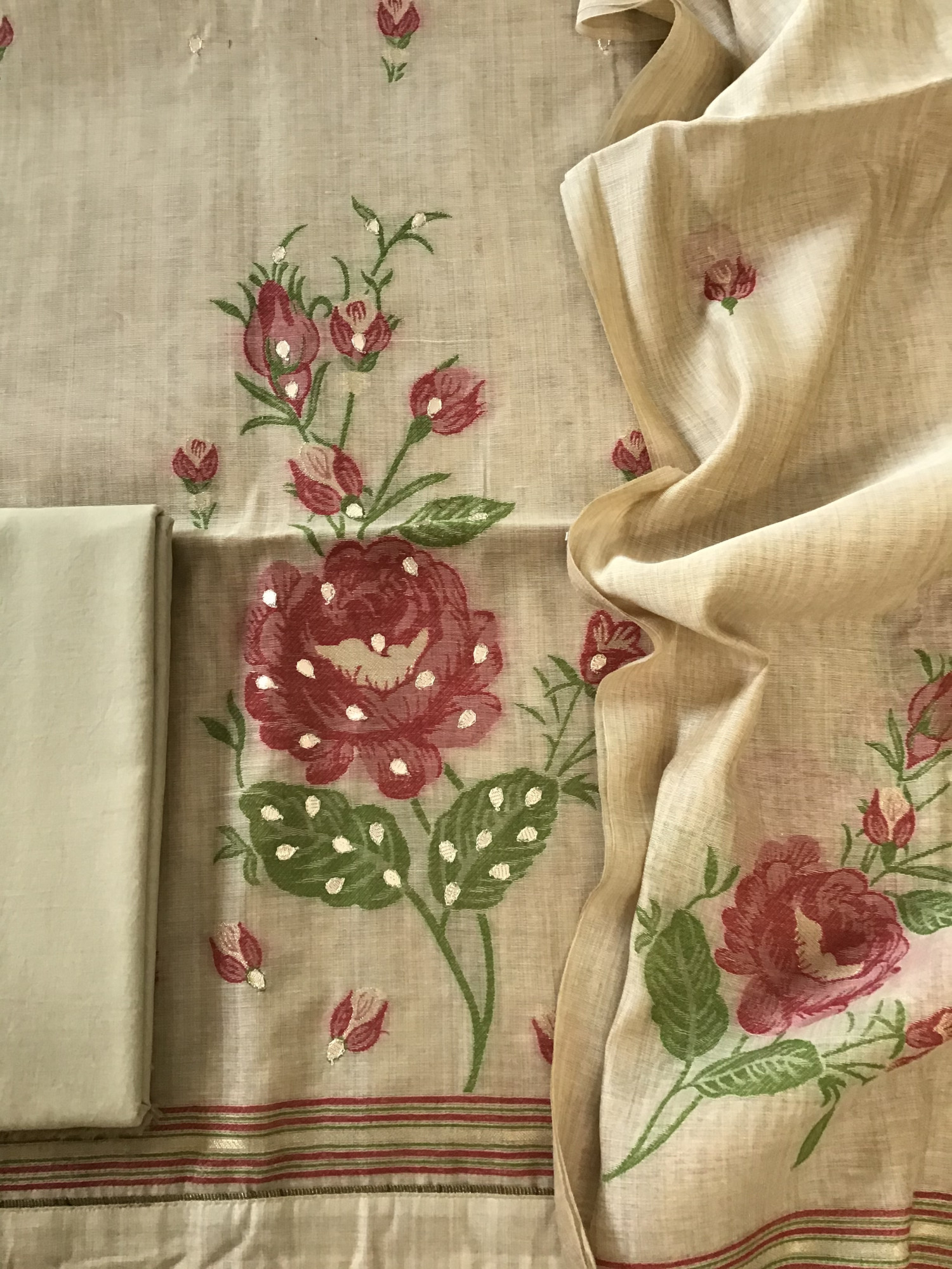 Soft Slub Chanderi Jamdani Weaved Embroidered Suit - Beige