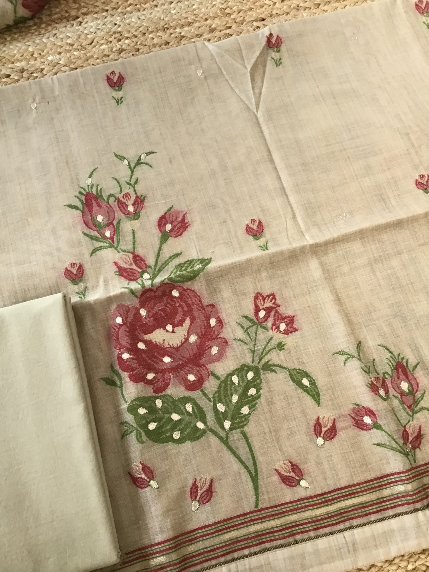 Soft Slub Chanderi Jamdani Weaved Embroidered Suit - Beige