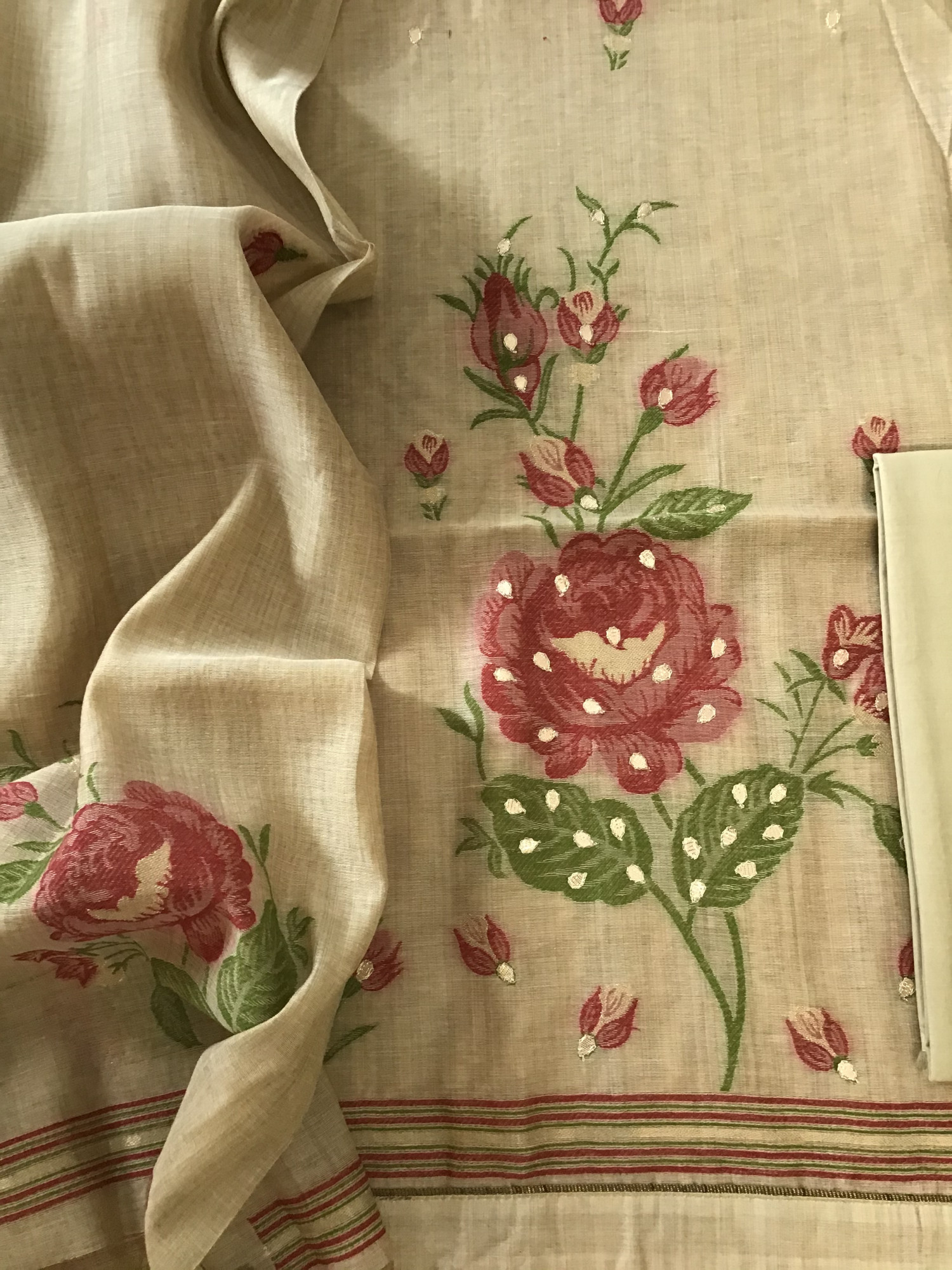 Soft Slub Chanderi Jamdani Weaved Embroidered Suit - Beige