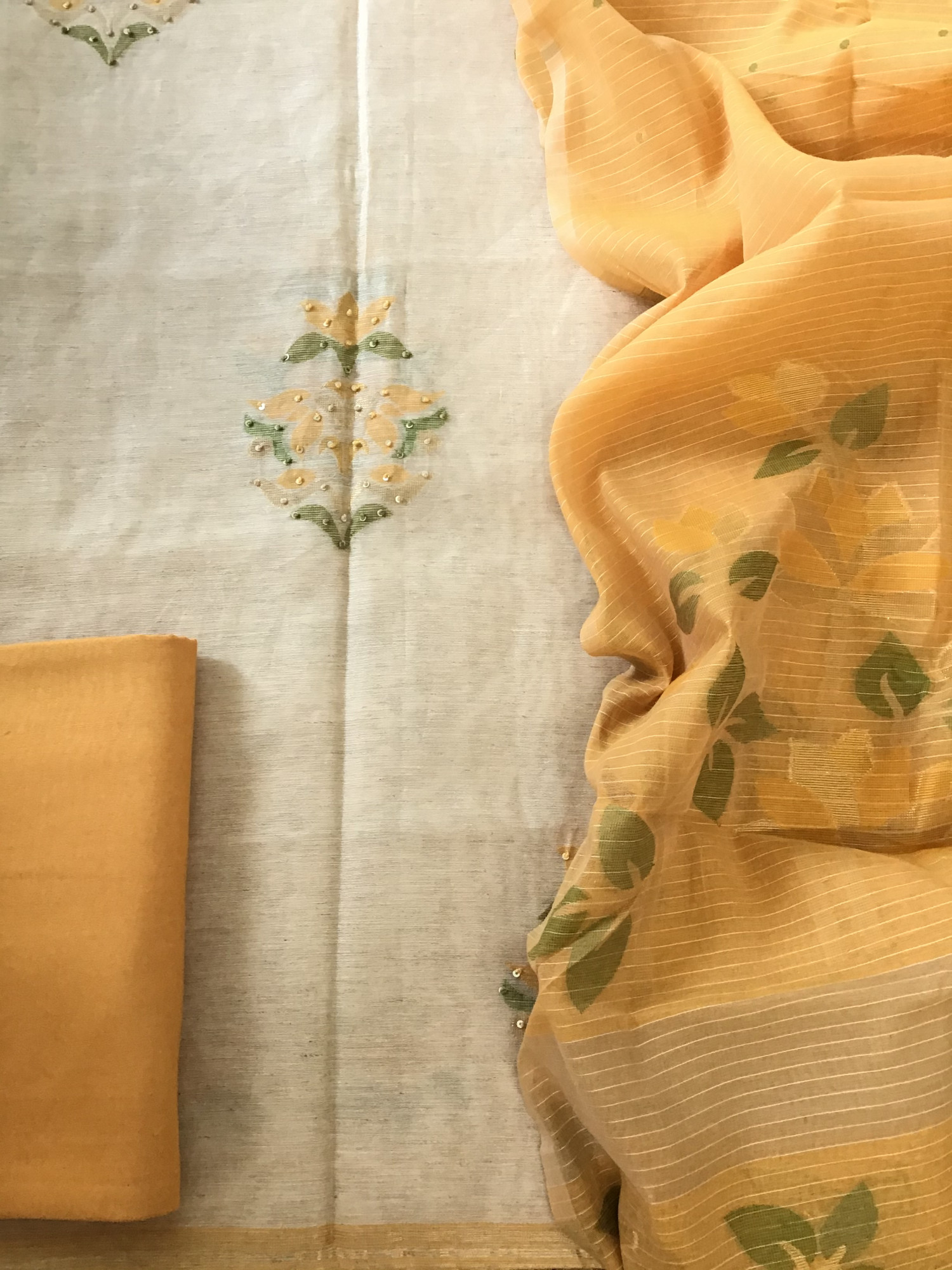 Soft Slub Chanderi Jamdani Weaved Embroidered Suit - BEIGEYellow