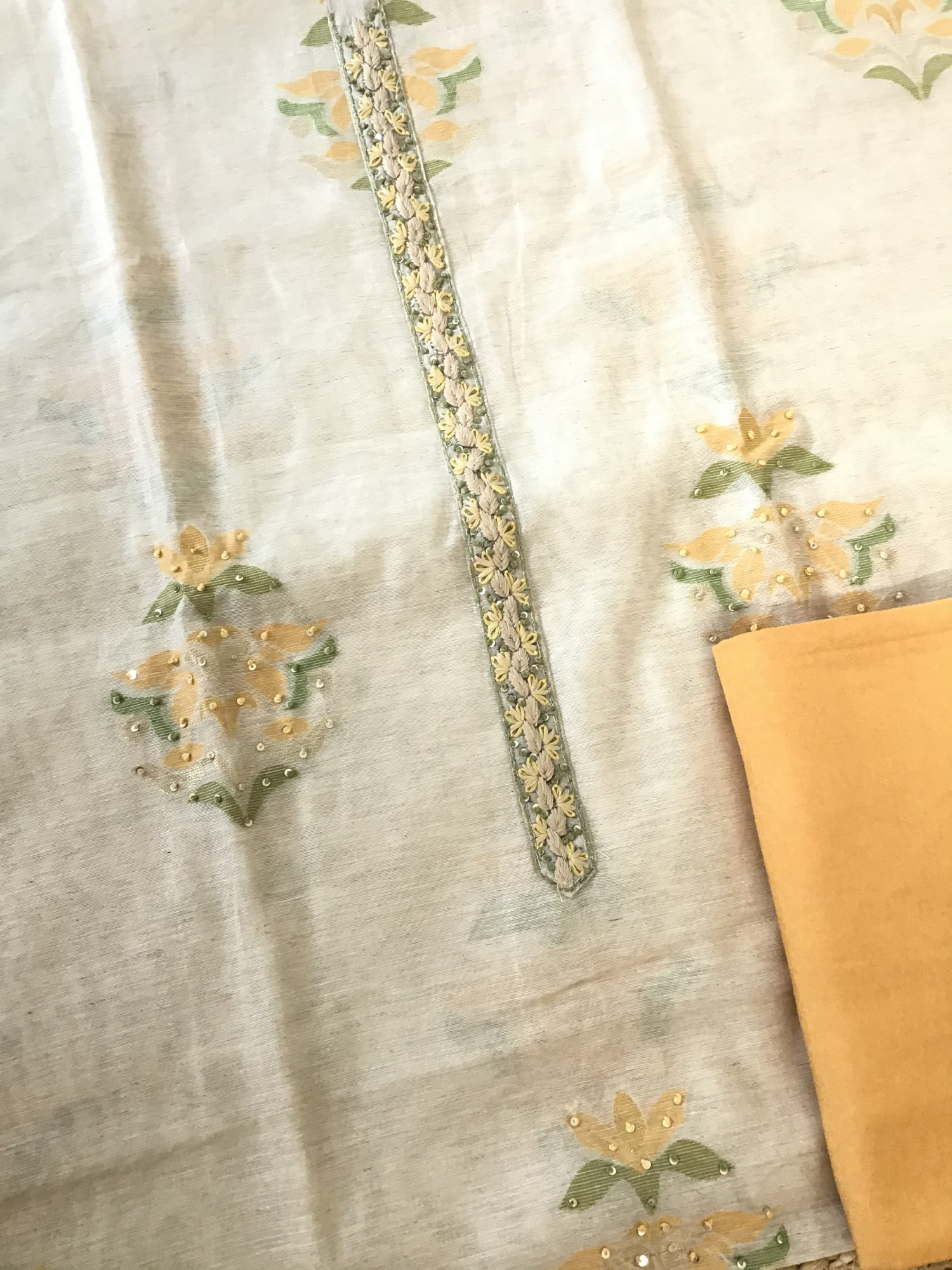 Soft Slub Chanderi Jamdani Weaved Embroidered Suit - BEIGEYellow