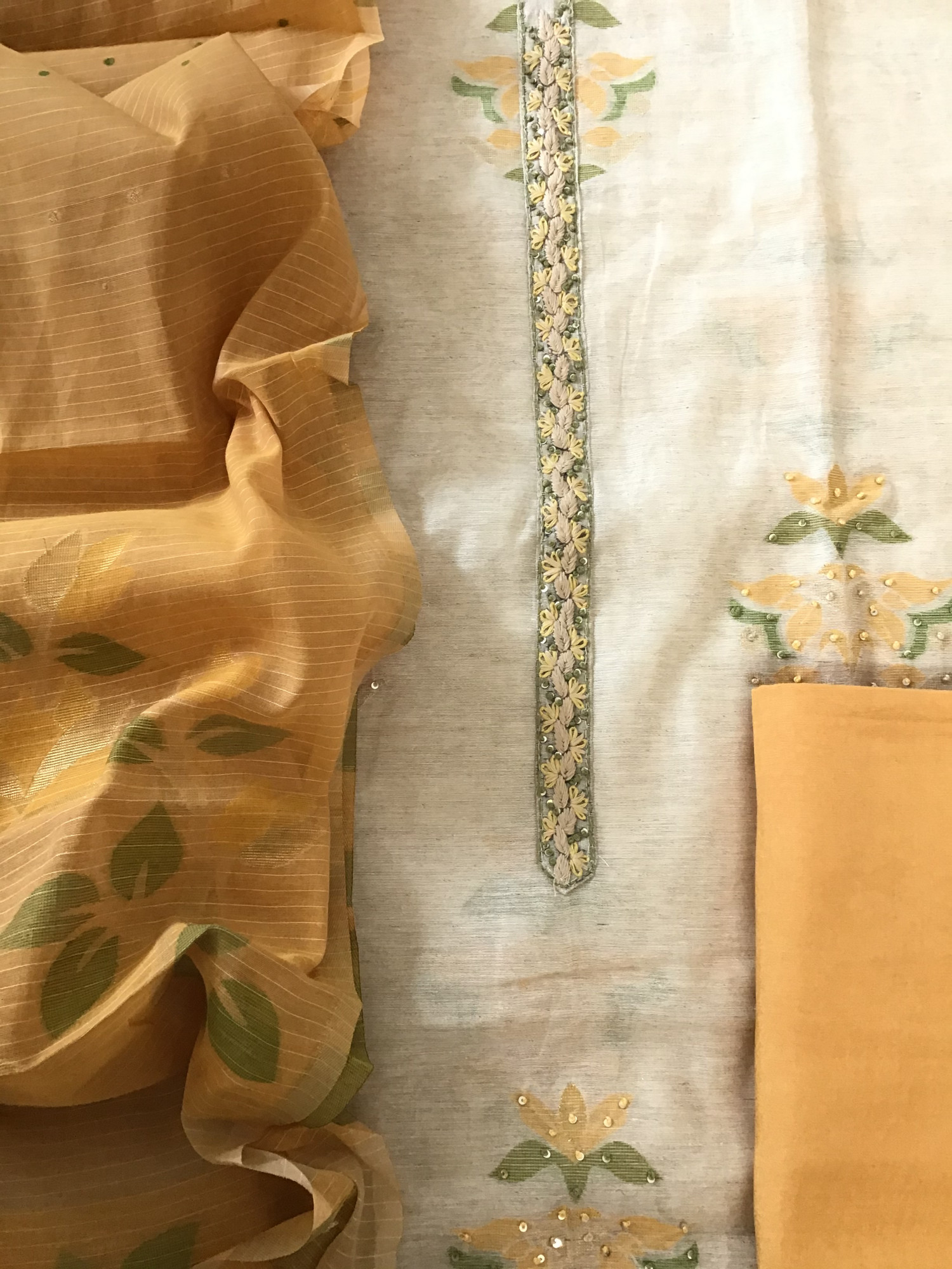 Soft Slub Chanderi Jamdani Weaved Embroidered Suit - BEIGEYellow