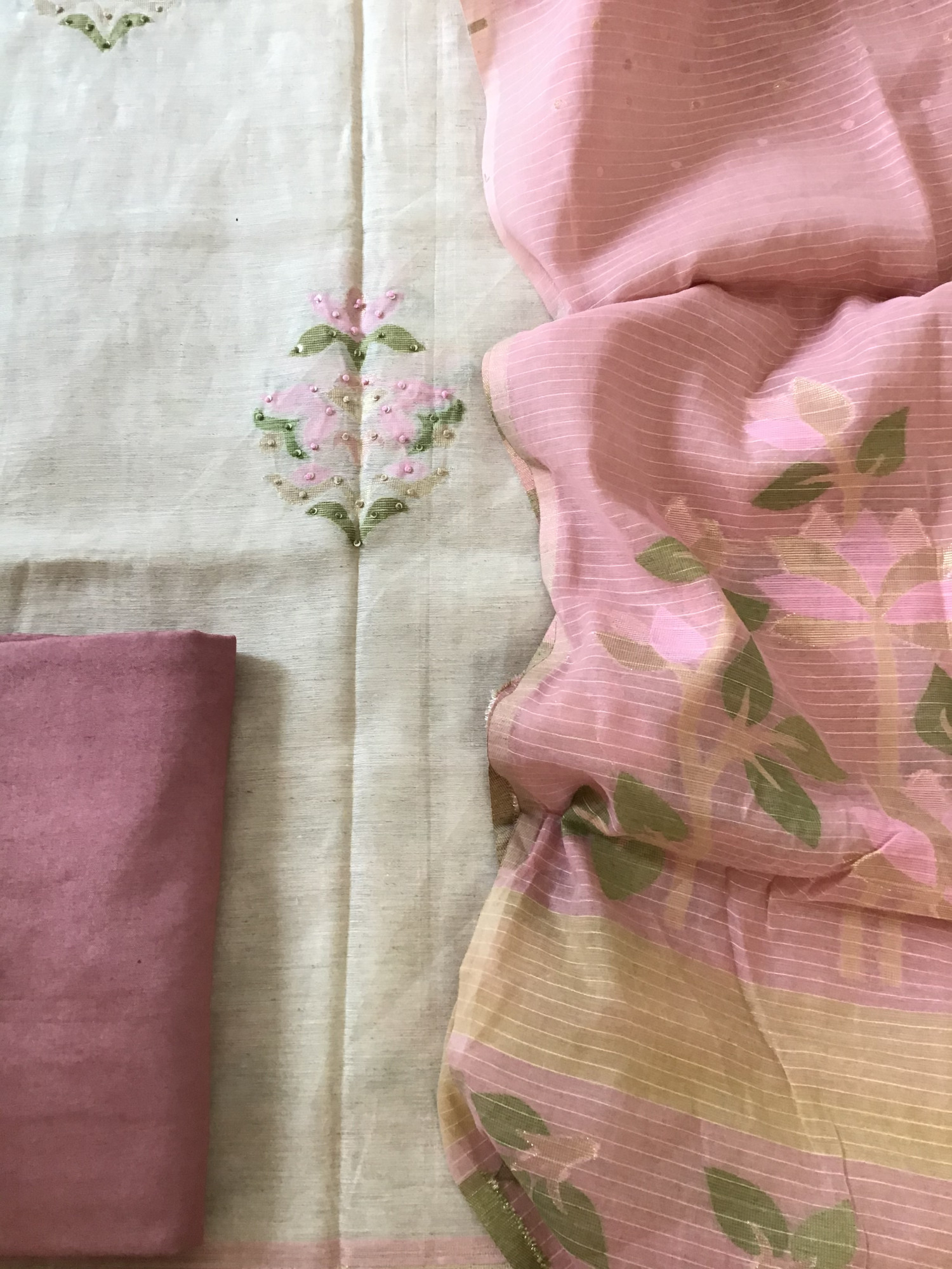Soft Slub Chanderi Jamdani Weaved Embroidered Suit - BeigePink
