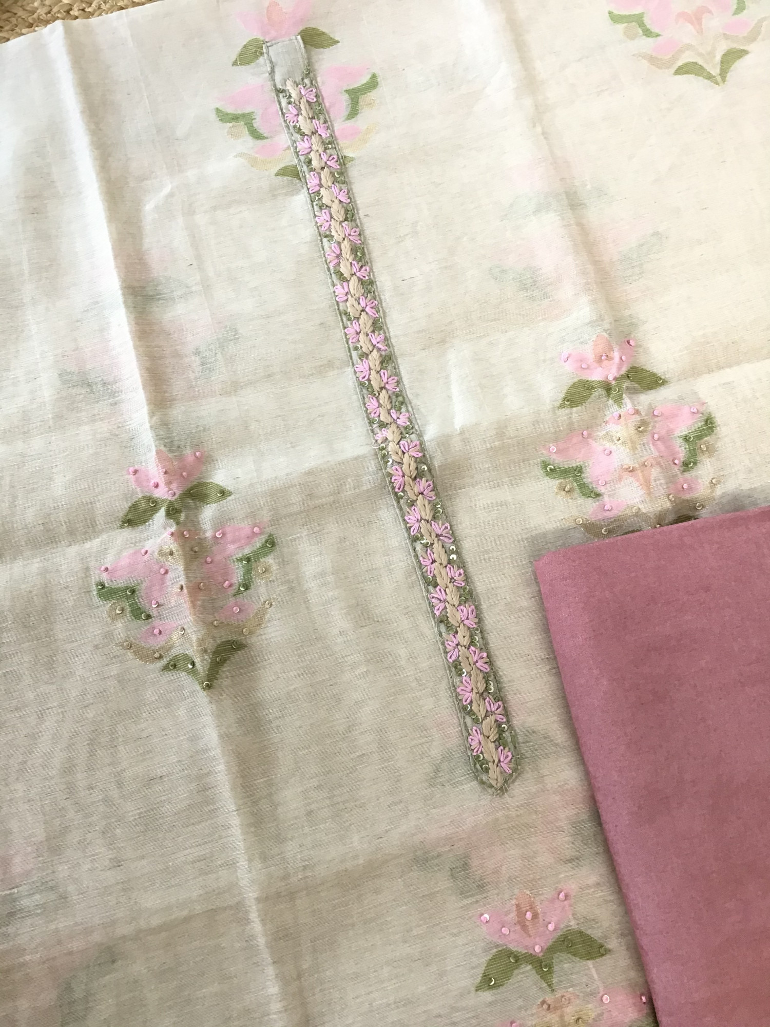 Soft Slub Chanderi Jamdani Weaved Embroidered Suit - BeigePink