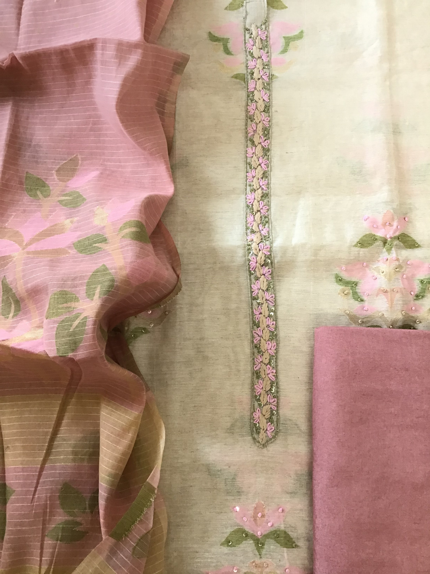Soft Slub Chanderi Jamdani Weaved Embroidered Suit - BeigePink