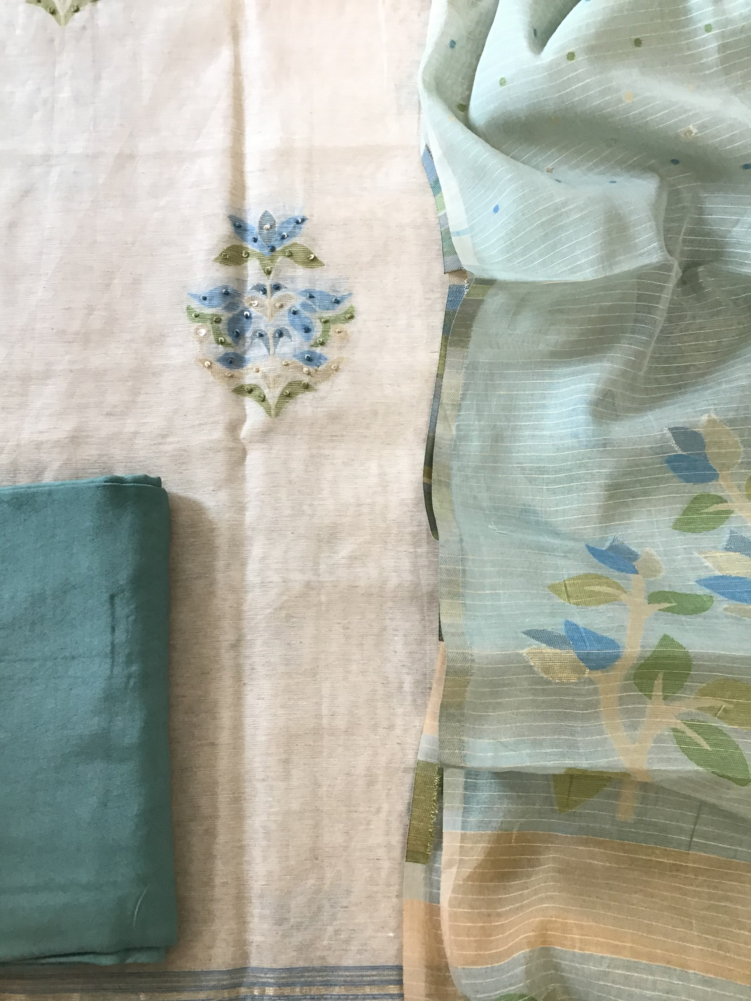 Soft Slub Chanderi Jamdani Weaved Embroidered Suit - BeigeBlue