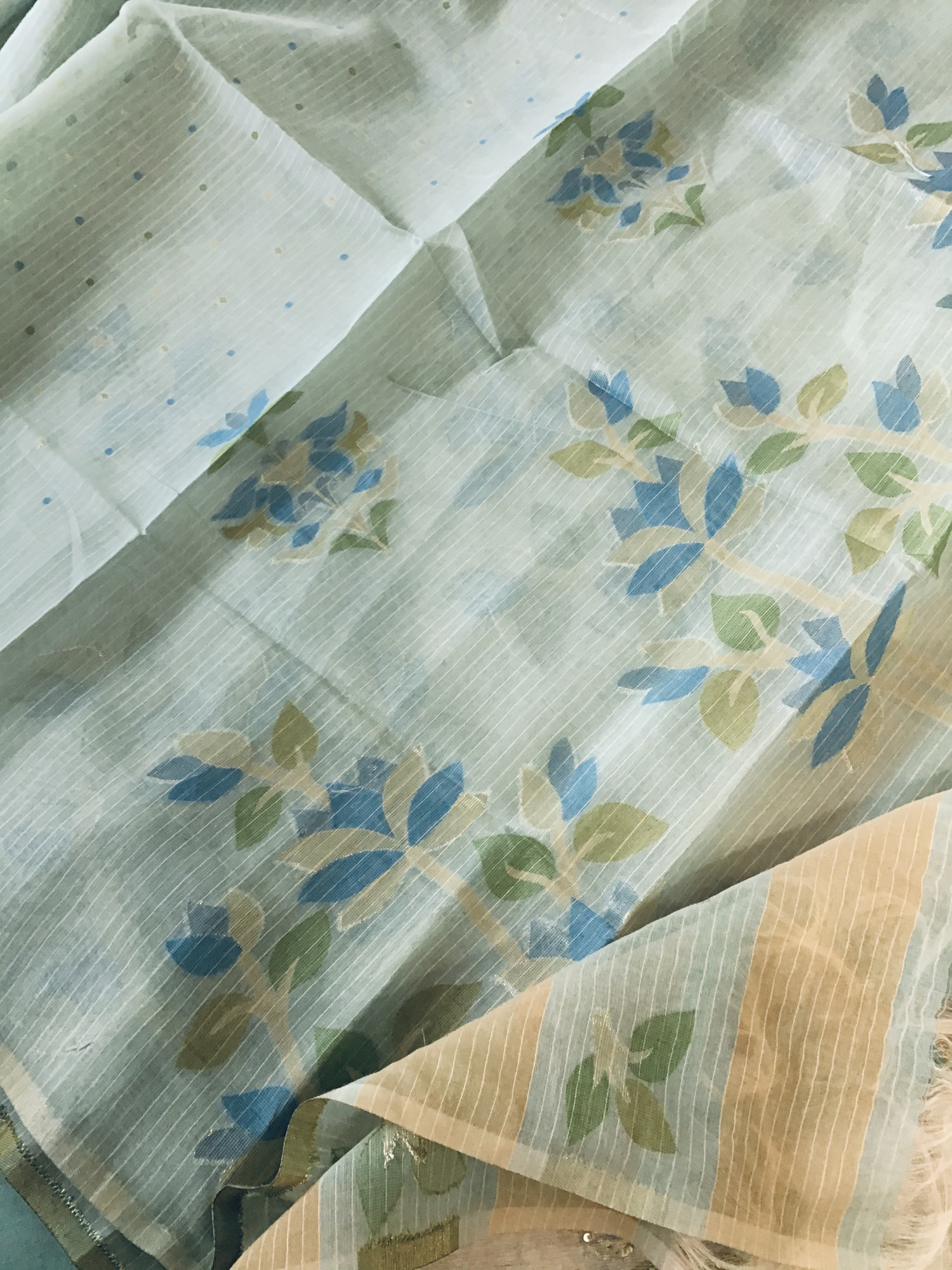 Soft Slub Chanderi Jamdani Weaved Embroidered Suit - BeigeBlue