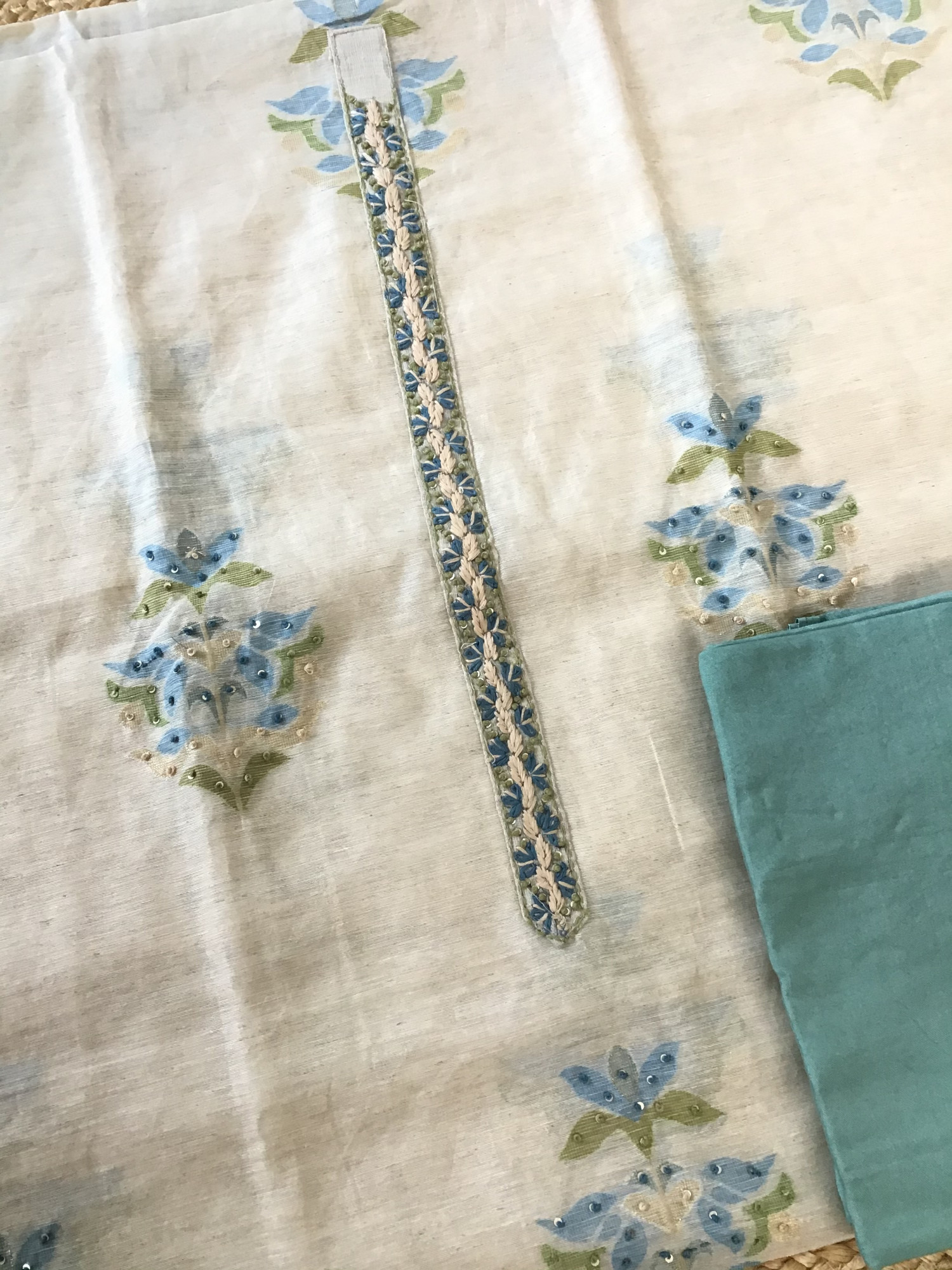 Soft Slub Chanderi Jamdani Weaved Embroidered Suit - BeigeBlue