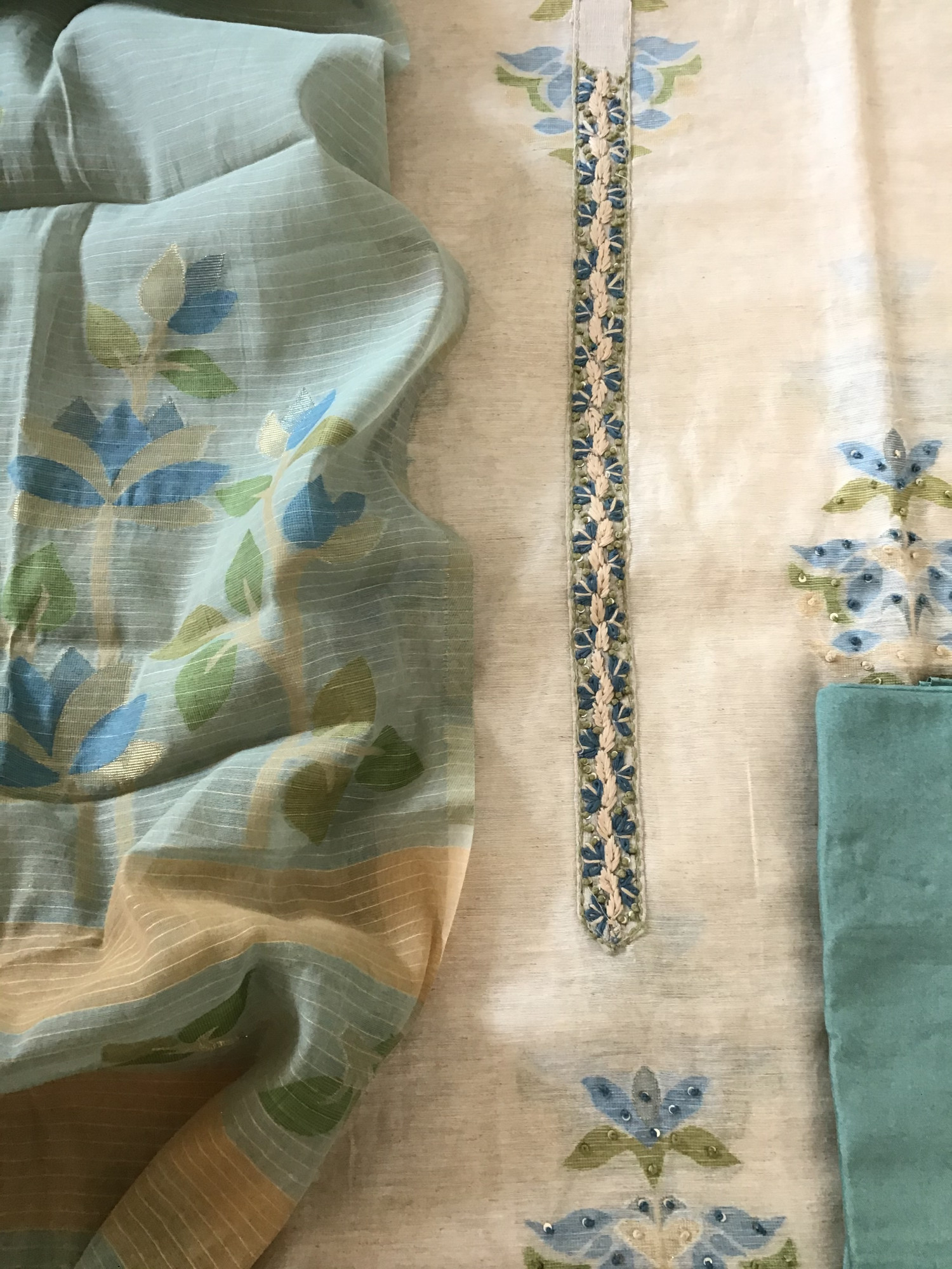 Soft Slub Chanderi Jamdani Weaved Embroidered Suit - BeigeBlue
