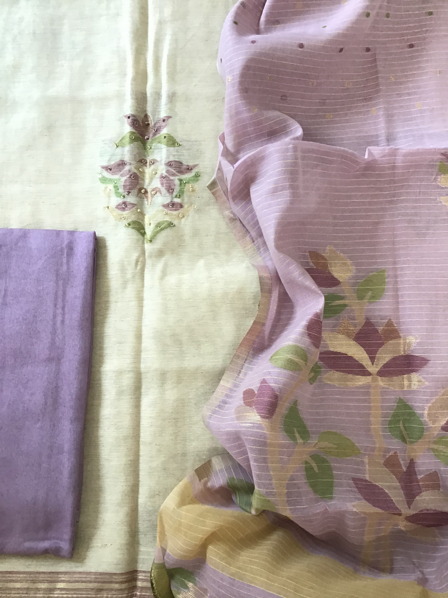 Soft Slub Chanderi Jamdani Weaved Embroidered Suit - BeigePurple