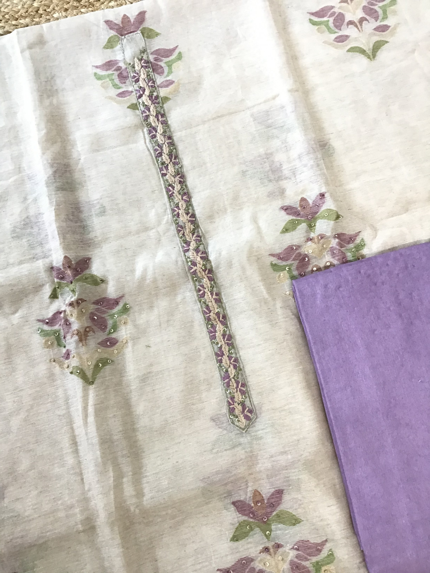Soft Slub Chanderi Jamdani Weaved Embroidered Suit - BeigePurple