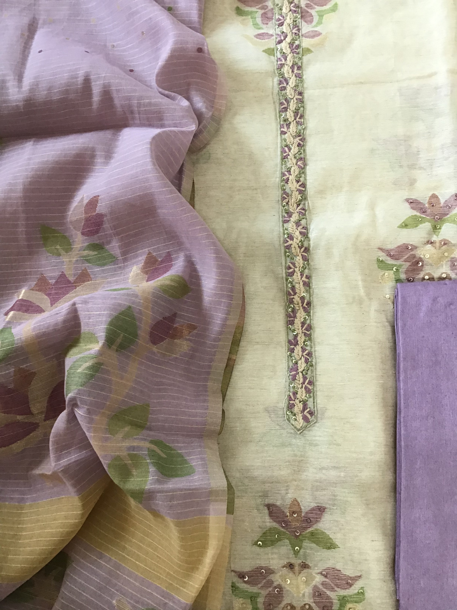 Soft Slub Chanderi Jamdani Weaved Embroidered Suit - BeigePurple