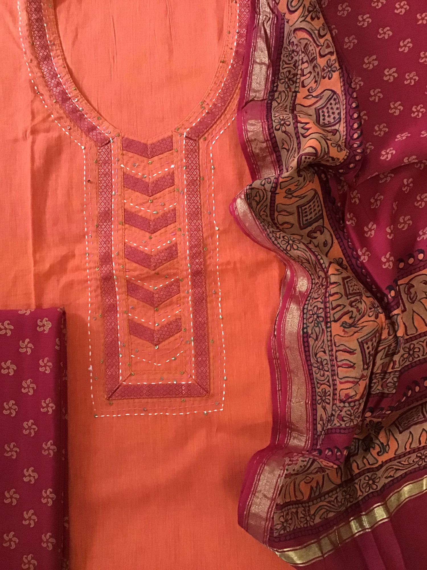 Pure Handloom Cotton Printed Embroidered Suit - Orange