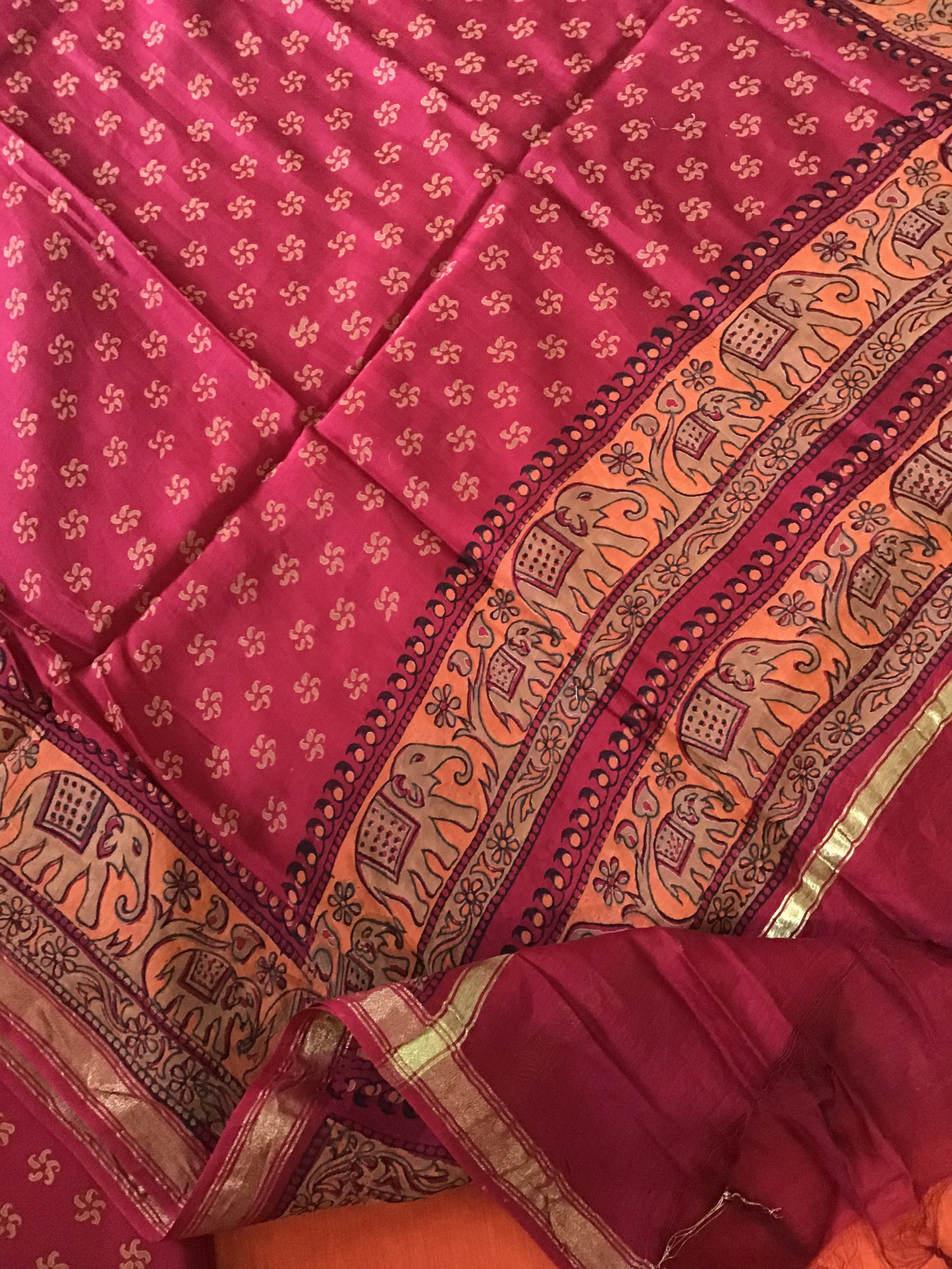 Pure Handloom Cotton Printed Embroidered Suit - Orange