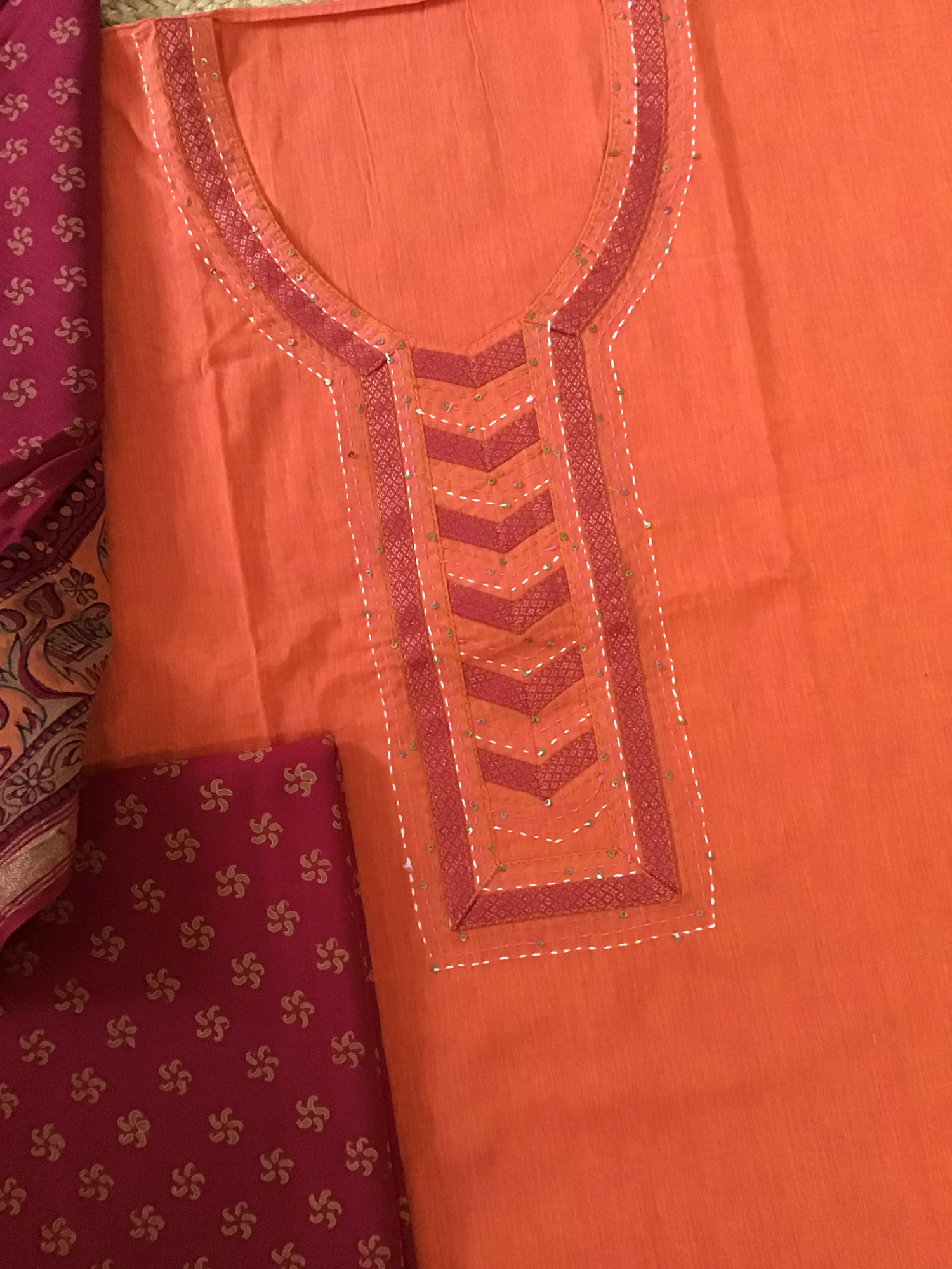 Pure Handloom Cotton Printed Embroidered Suit - Orange