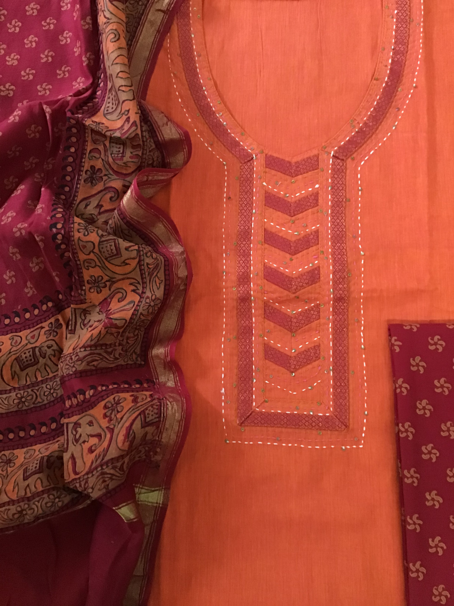 Pure Handloom Cotton Printed Embroidered Suit - Orange