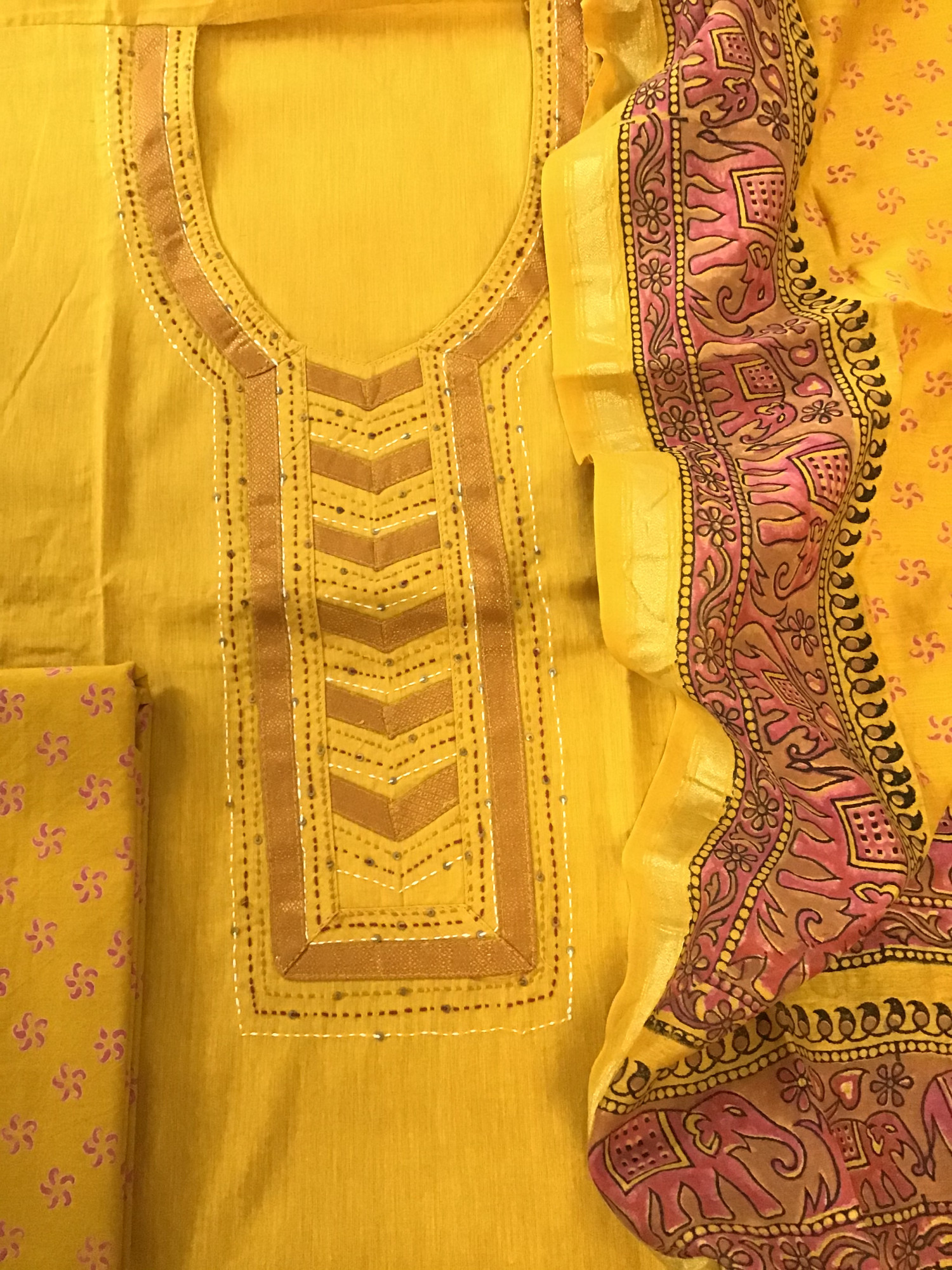 Pure Handloom Cotton Printed Embroidered Suit - Yellow
