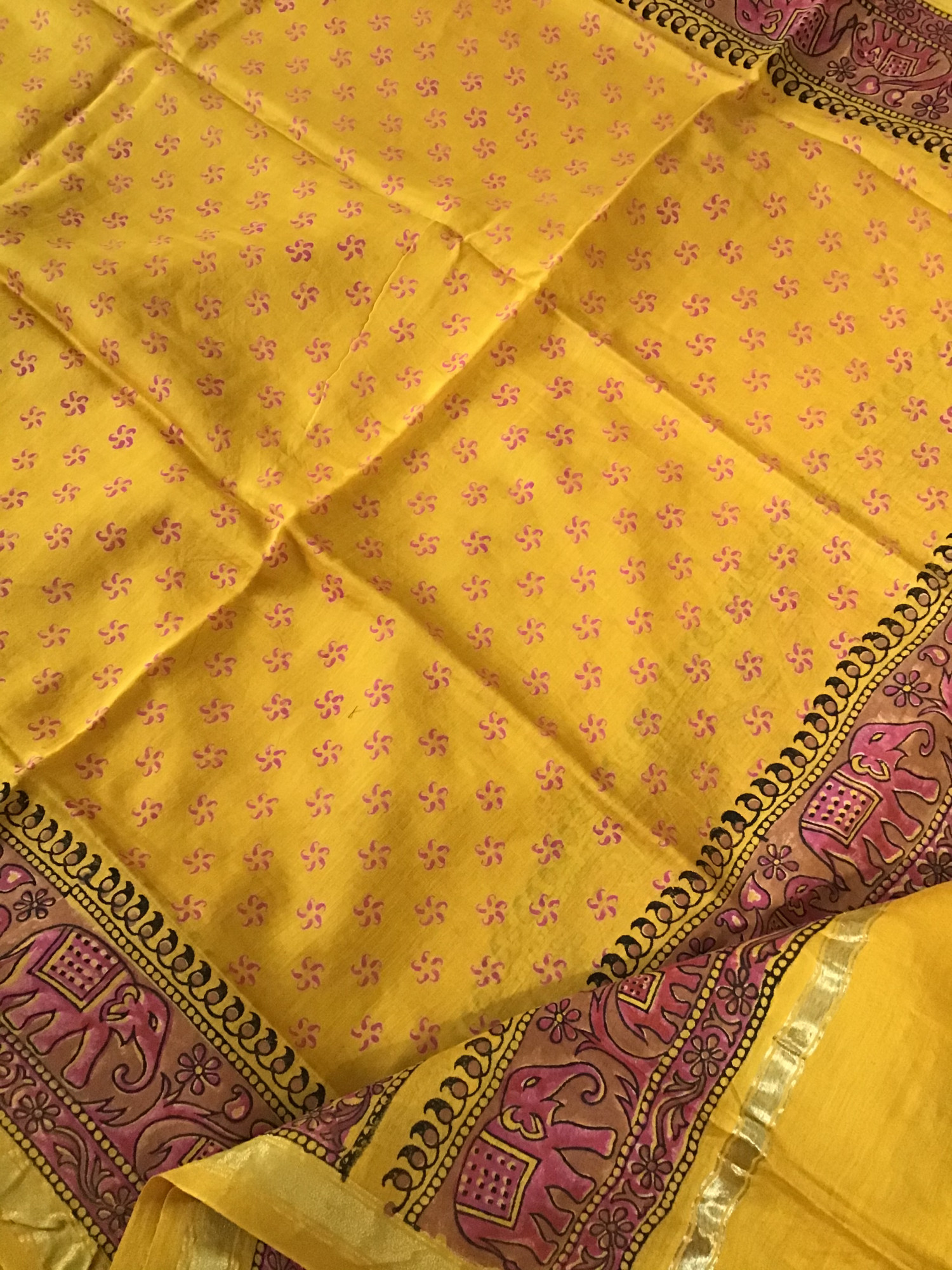 Pure Handloom Cotton Printed Embroidered Suit - Yellow