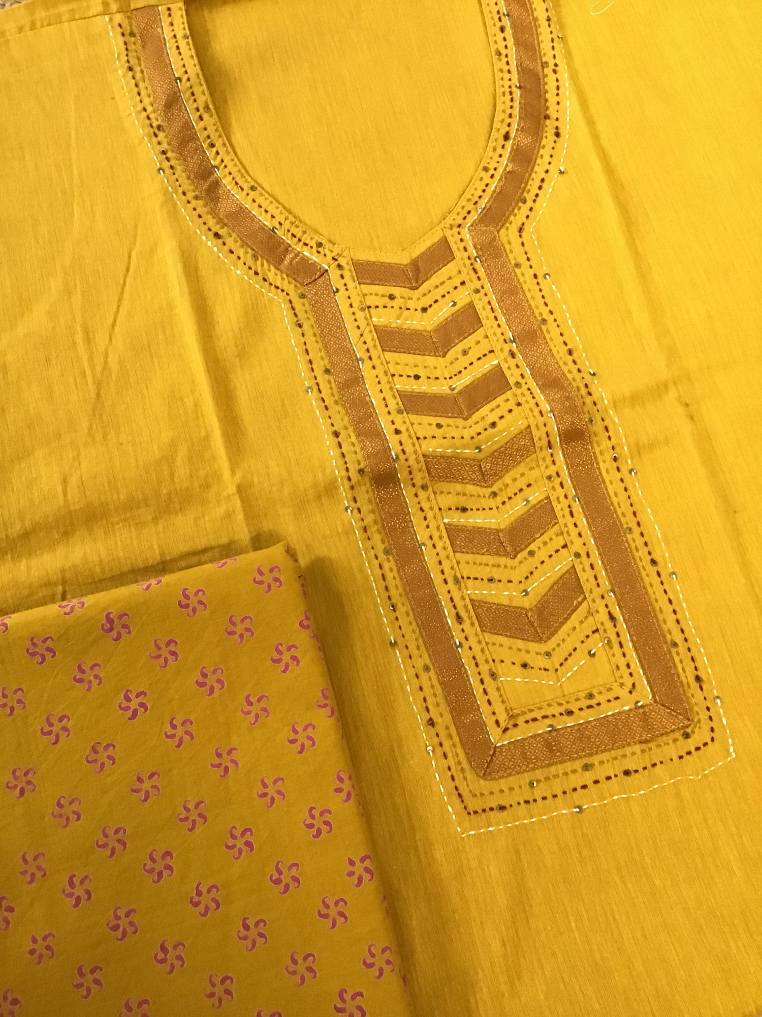 Pure Handloom Cotton Printed Embroidered Suit - Yellow